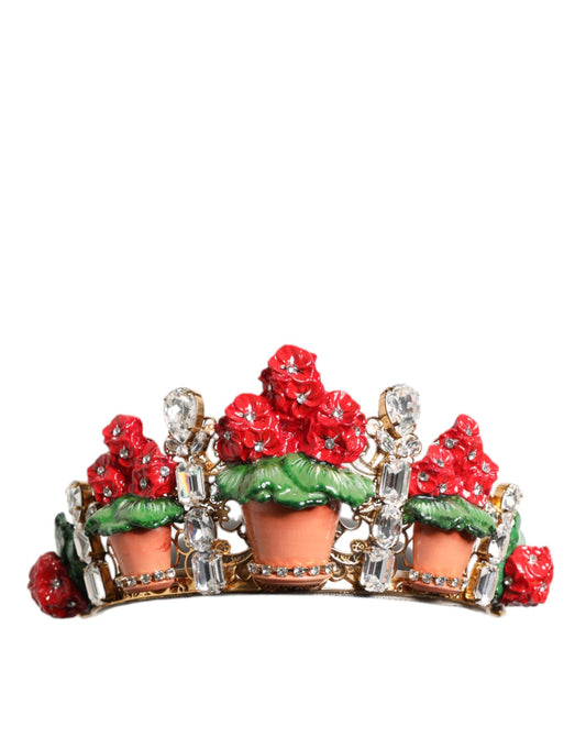 Dolce & Gabbana Red Floral Flowerpot Crystal Gold Crown Tiara Headband Curated Luxury Accessories by Orvyn