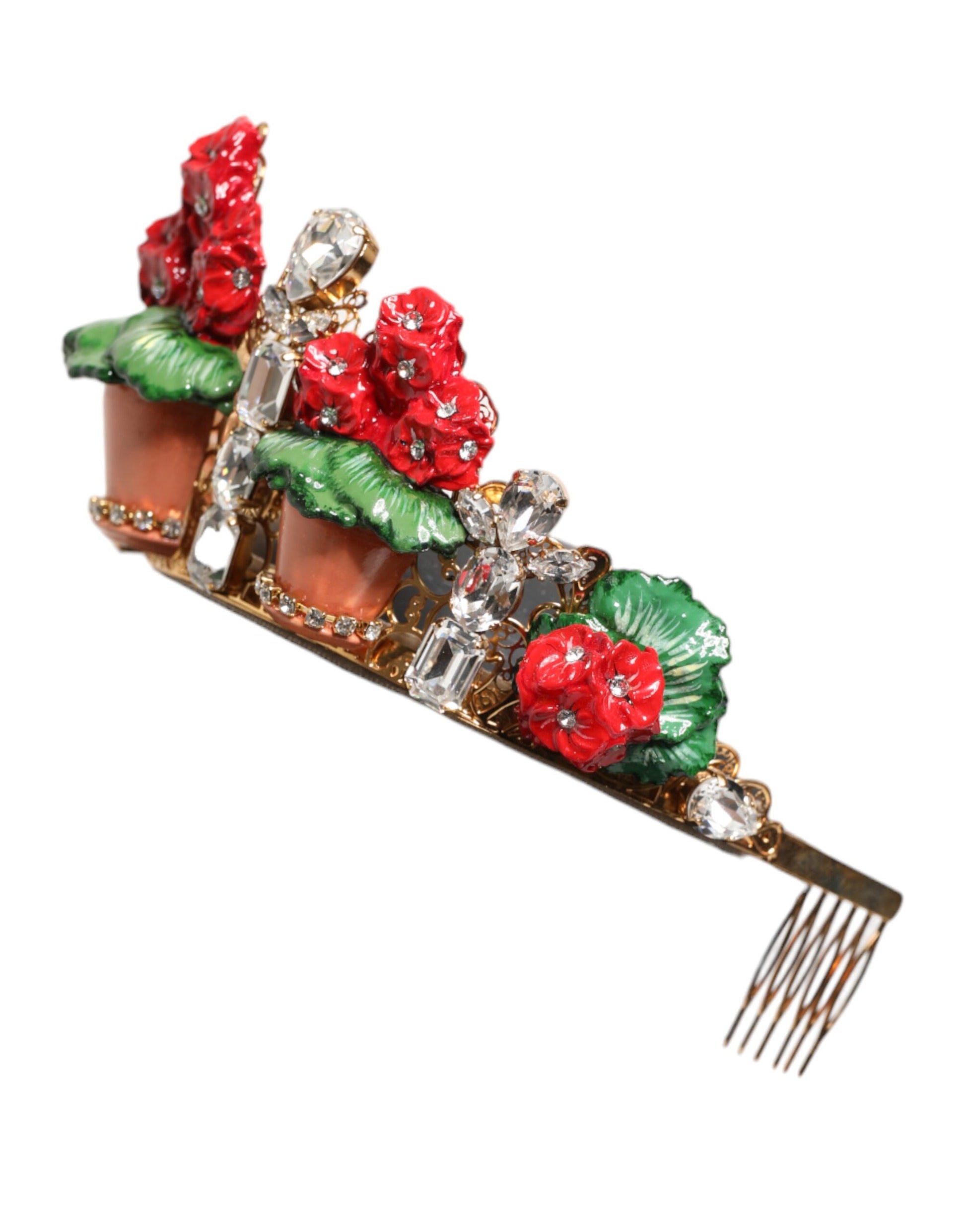 Dolce & Gabbana Red Floral Flowerpot Crystal Gold Crown Tiara Headband Curated Luxury Accessories by Orvyn