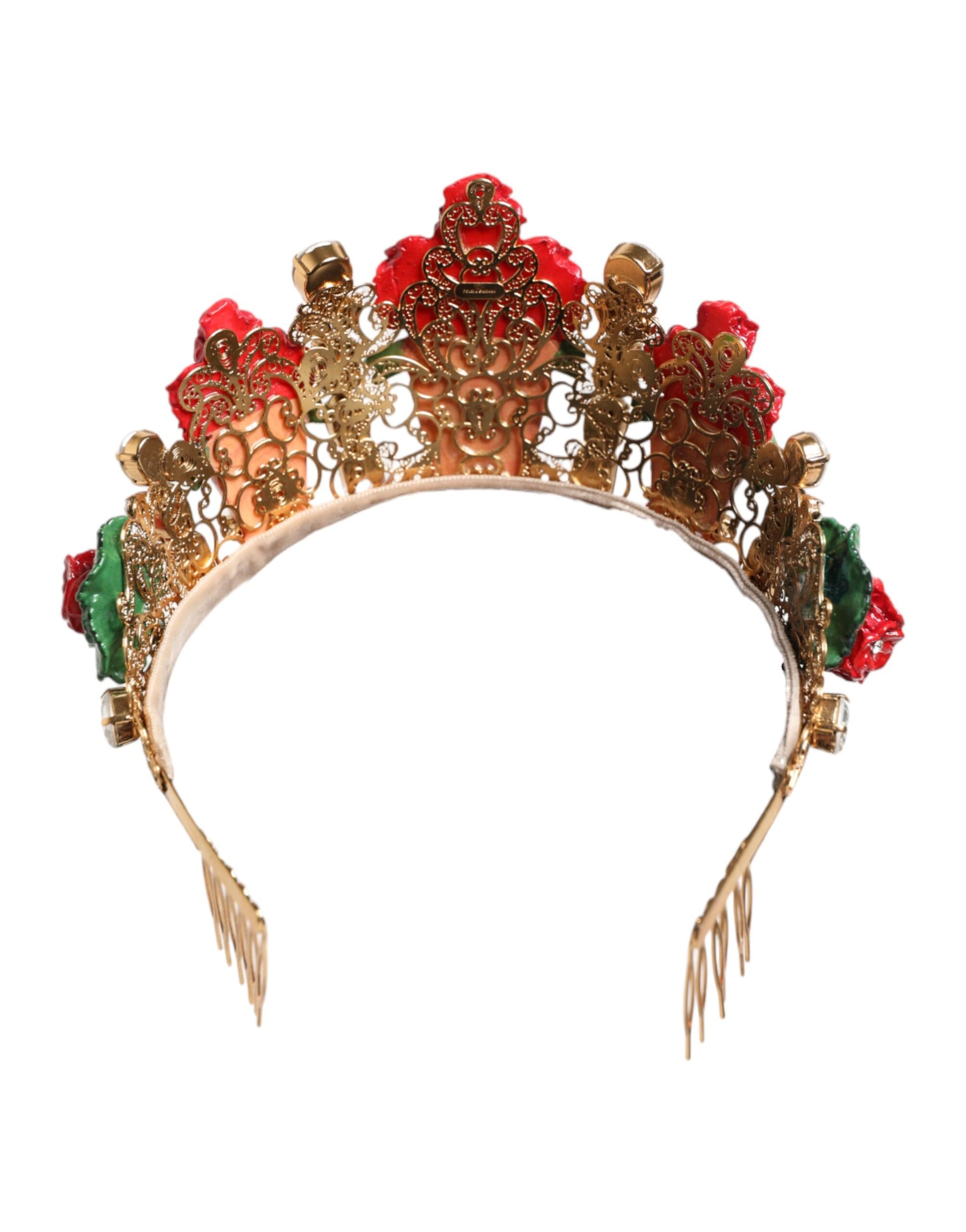 Dolce & Gabbana Red Floral Flowerpot Crystal Gold Crown Tiara Headband Curated Luxury Accessories by Orvyn