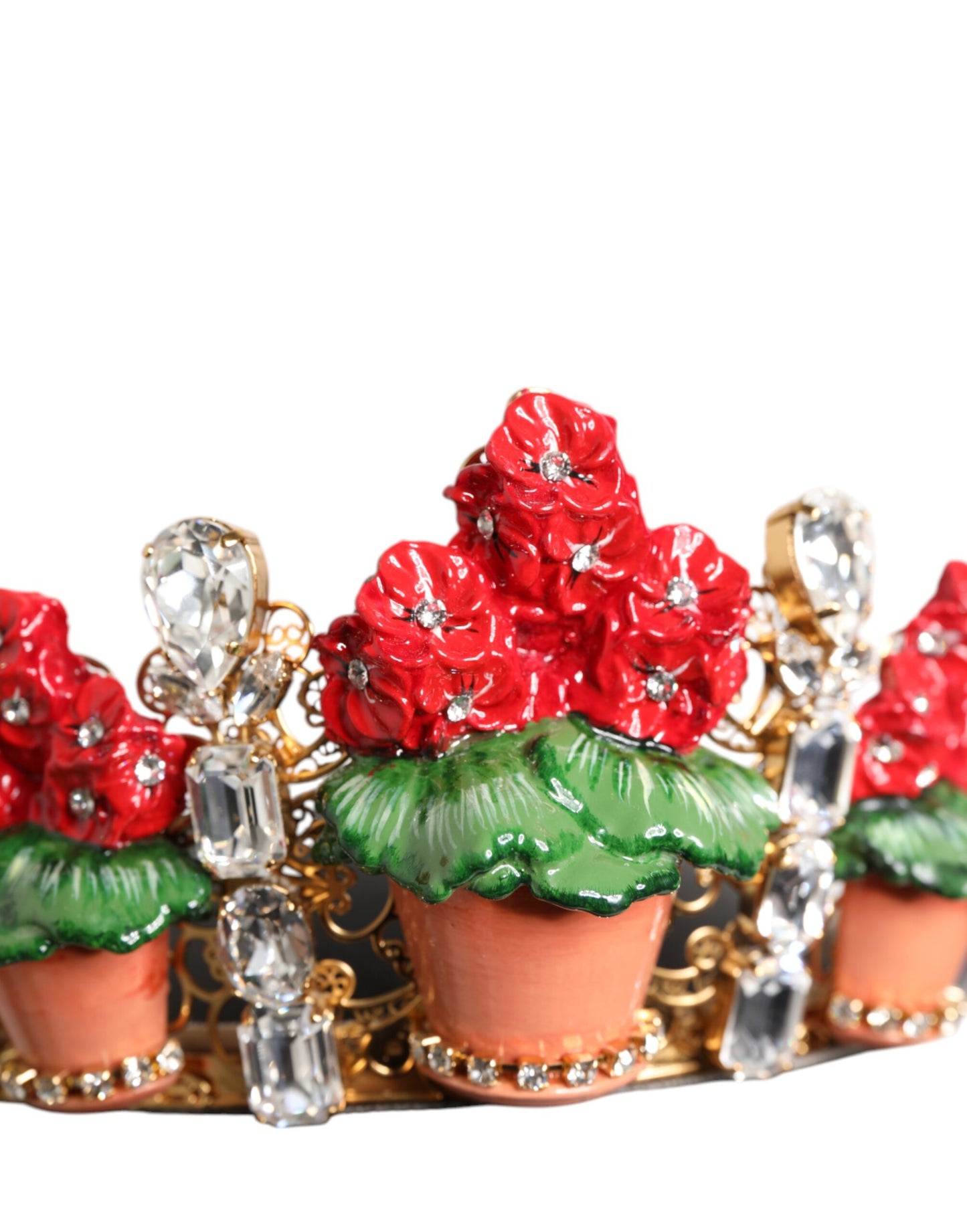 Dolce & Gabbana Red Floral Flowerpot Crystal Gold Crown Tiara Headband Curated Luxury Accessories by Orvyn