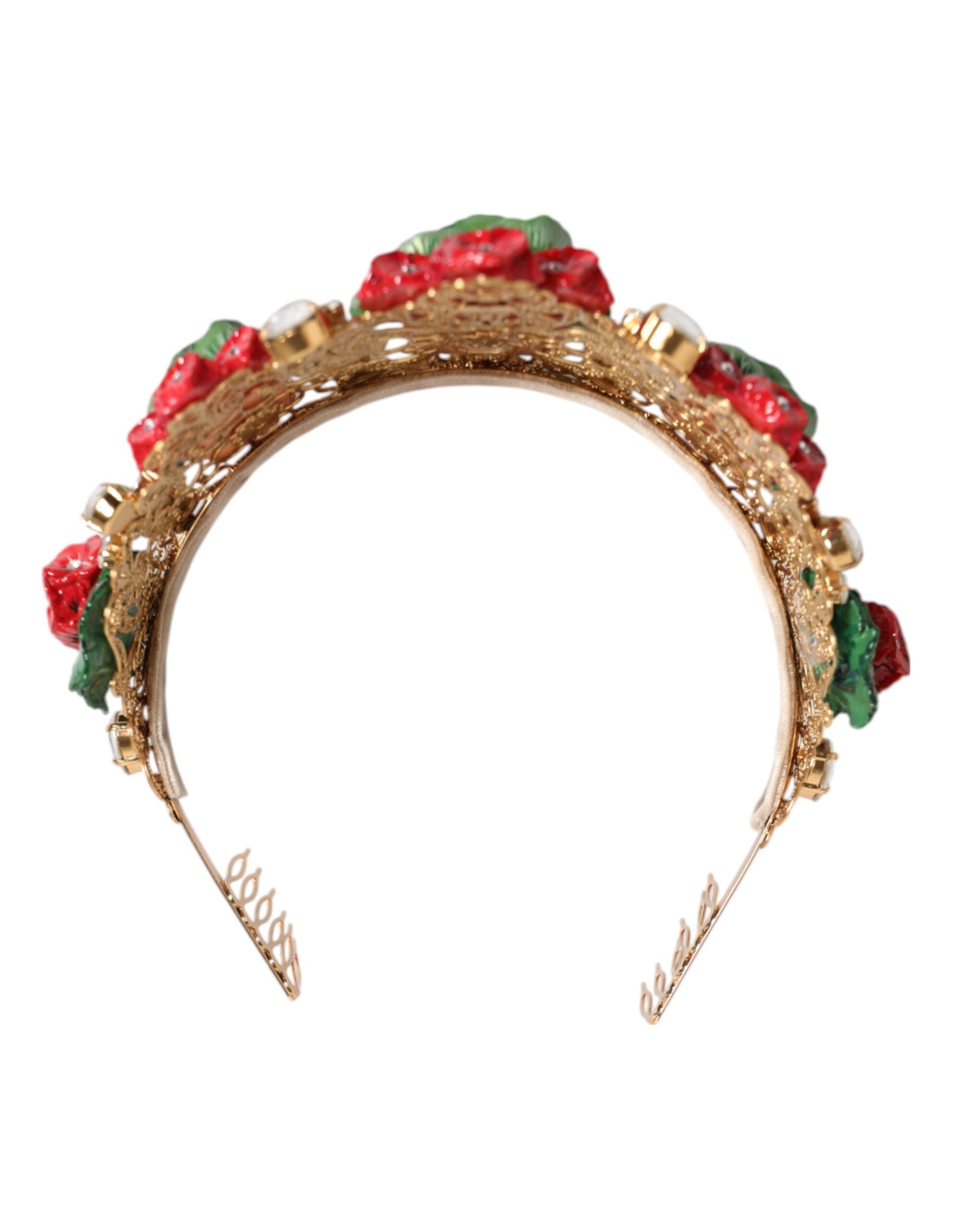 Dolce & Gabbana Red Floral Flowerpot Crystal Gold Crown Tiara Headband Curated Luxury Accessories by Orvyn