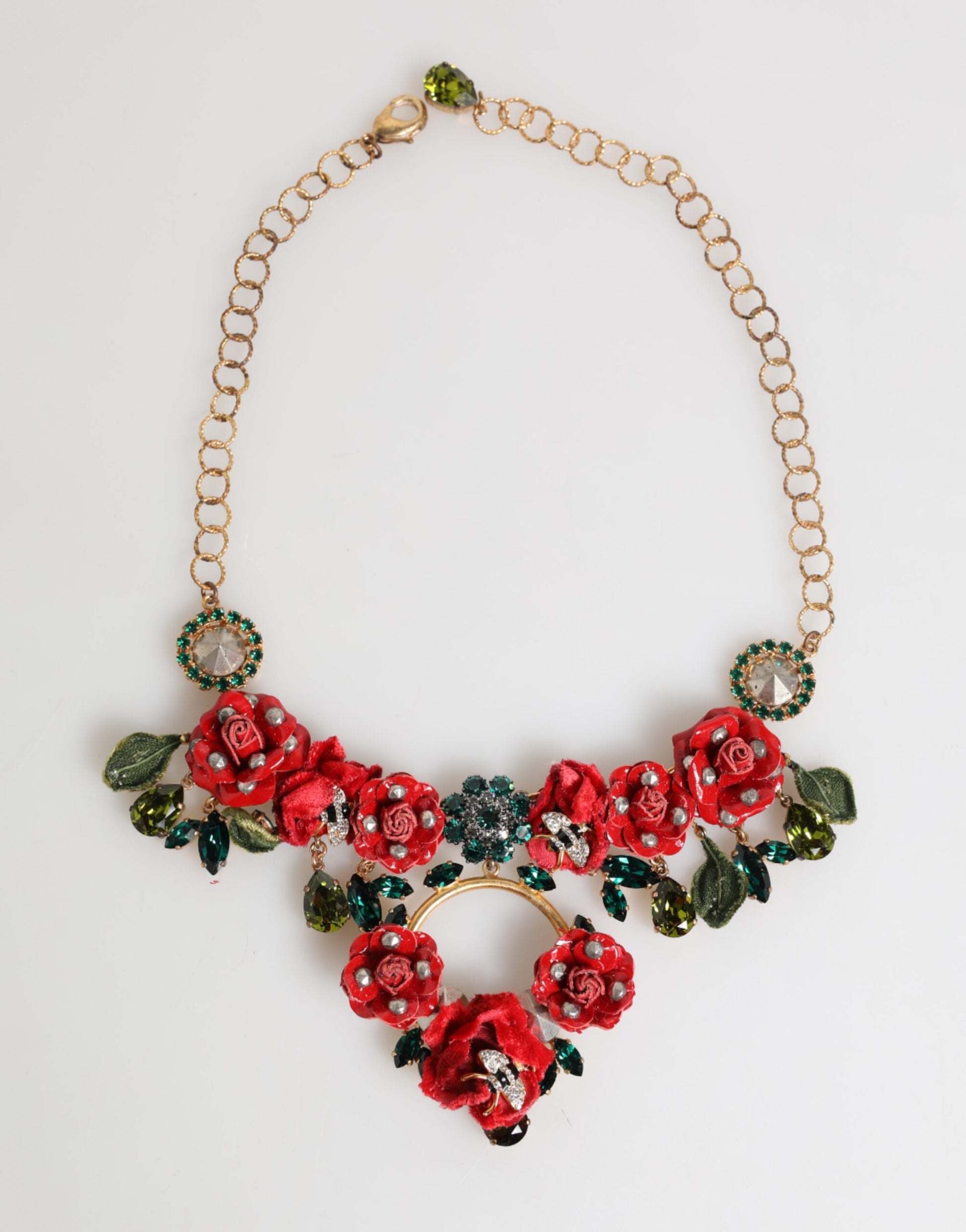 Dolce & Gabbana Red Rose Floral Crystal Embellished Statement Jewelry Necklace rot