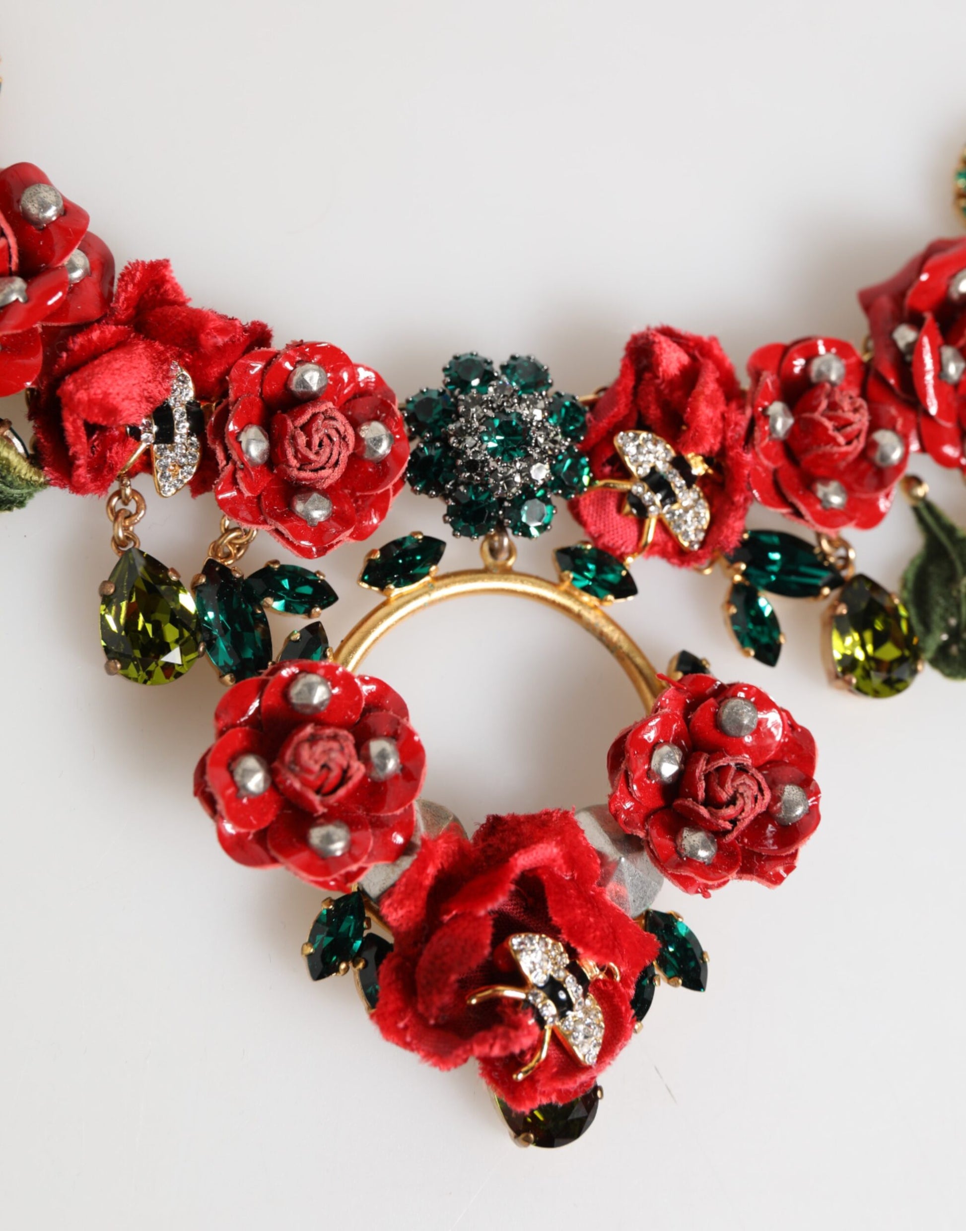 Dolce & Gabbana Red Rose Floral Crystal Embellished Statement Jewelry Necklace rot