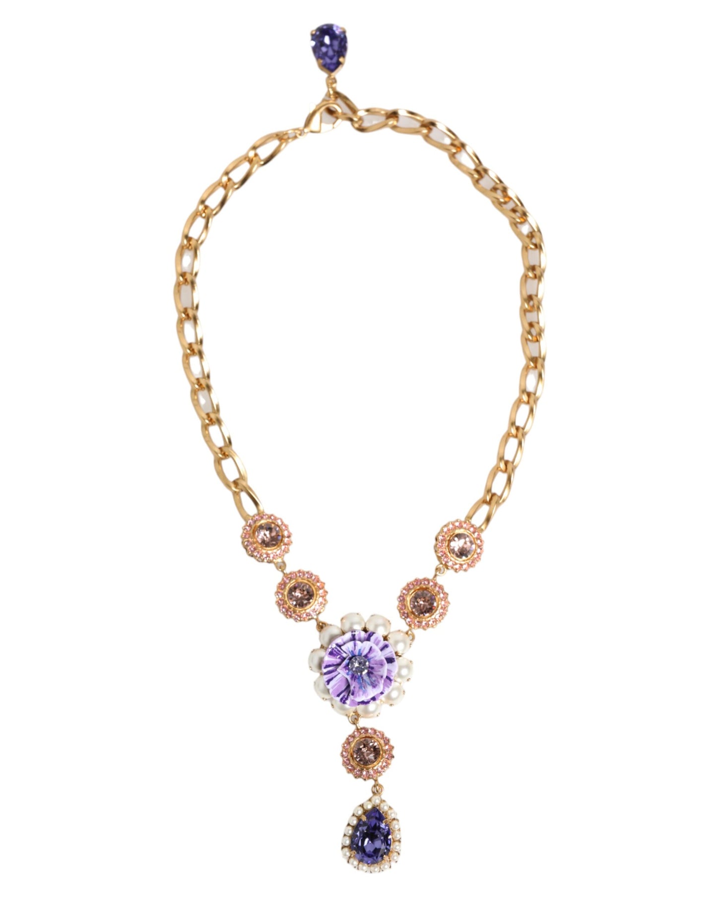 Dolce & Gabbana Gold Brass Crystal Pearl Purple Floral Pendant Jewelry Necklace Curated Luxury Accessories by Orvyn