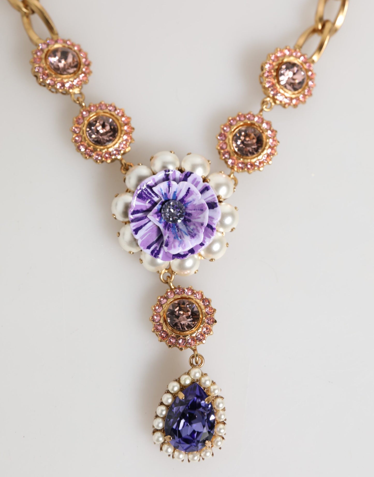Dolce & Gabbana Gold Brass Crystal Pearl Purple Floral Pendant Jewelry Necklace Curated Luxury Accessories by Orvyn