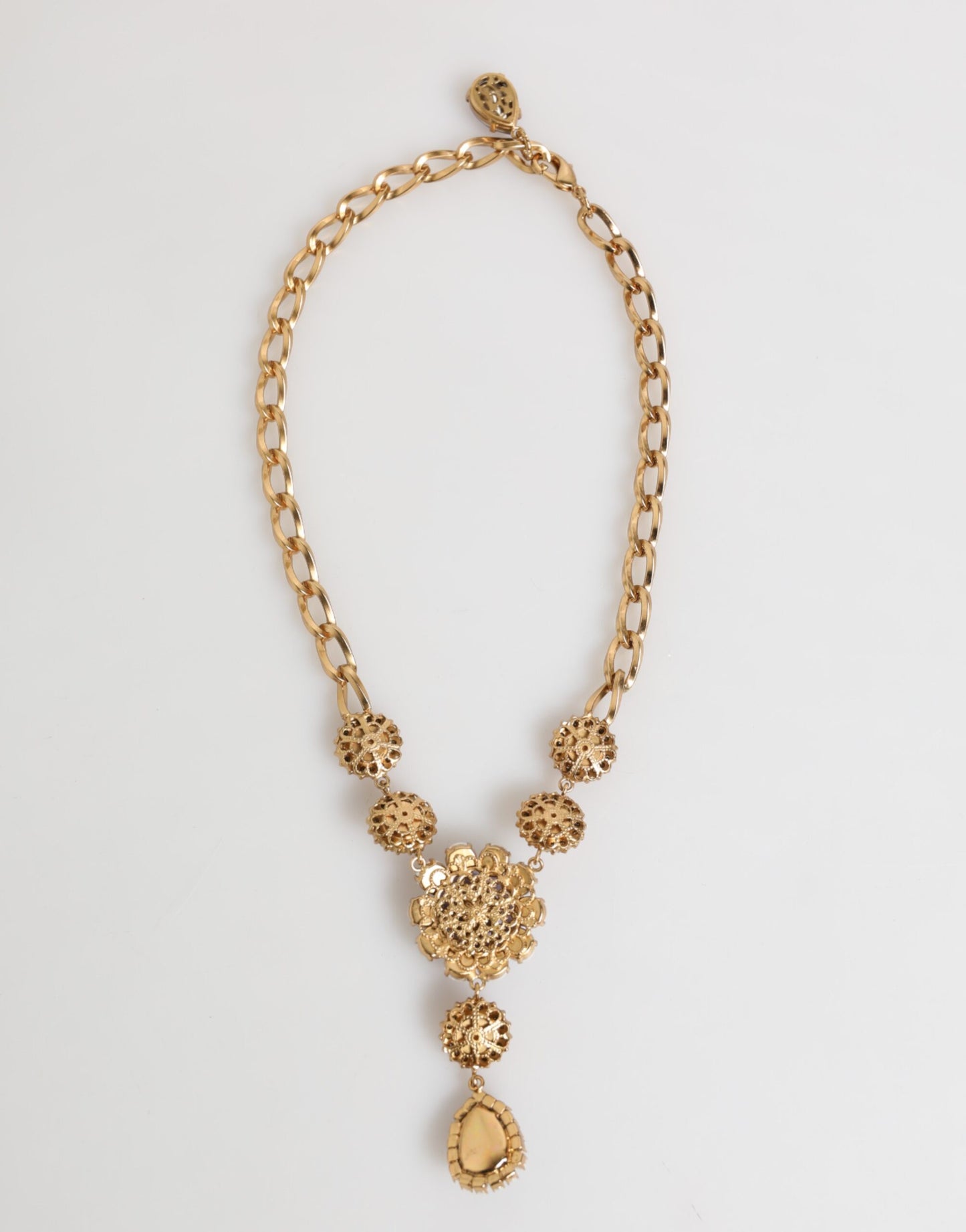 Dolce & Gabbana Gold Brass Crystal Pearl Purple Floral Pendant Jewelry Necklace Curated Luxury Accessories by Orvyn