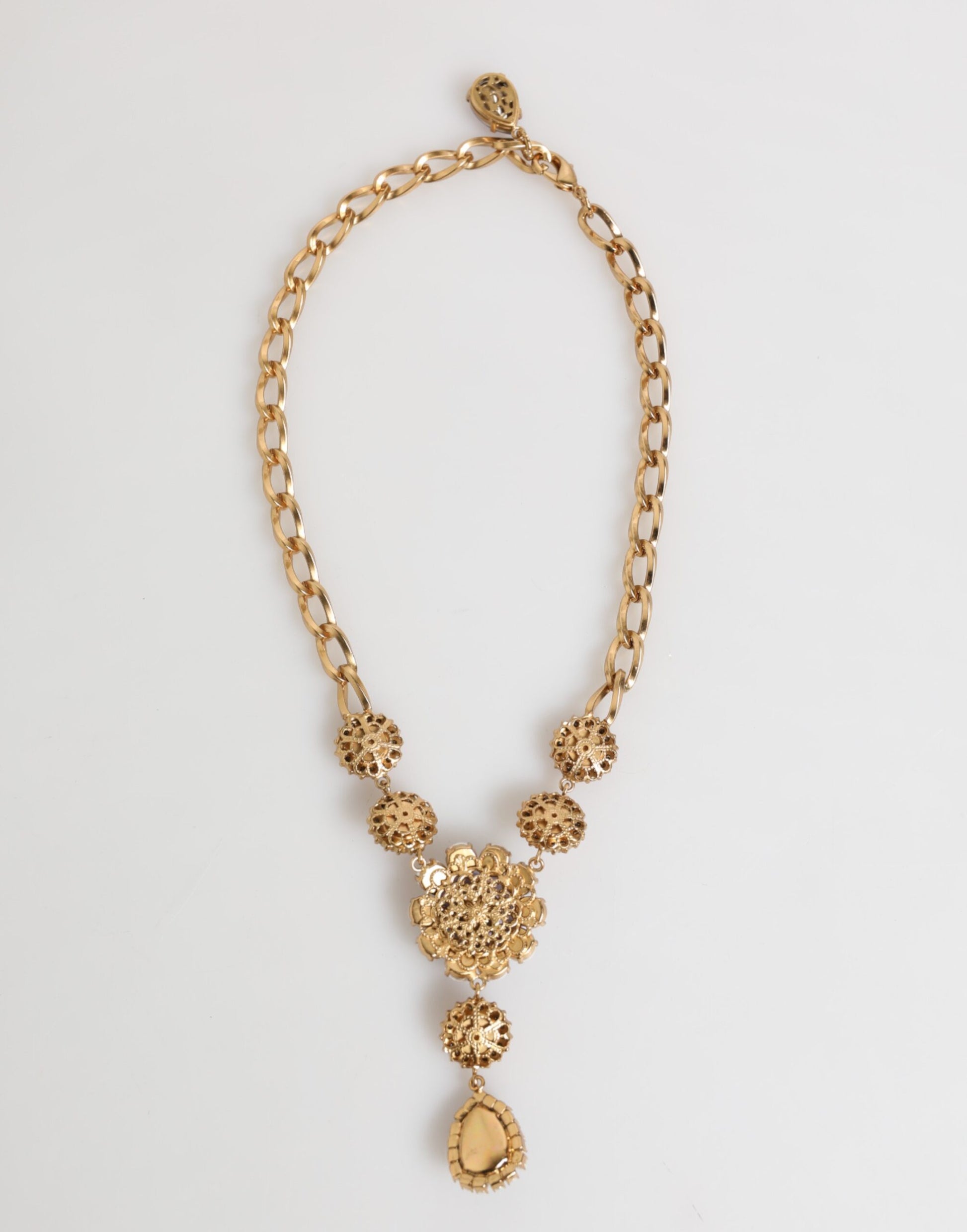 Dolce & Gabbana Gold Brass Crystal Pearl Purple Floral Pendant Jewelry Necklace Curated Luxury Accessories by Orvyn