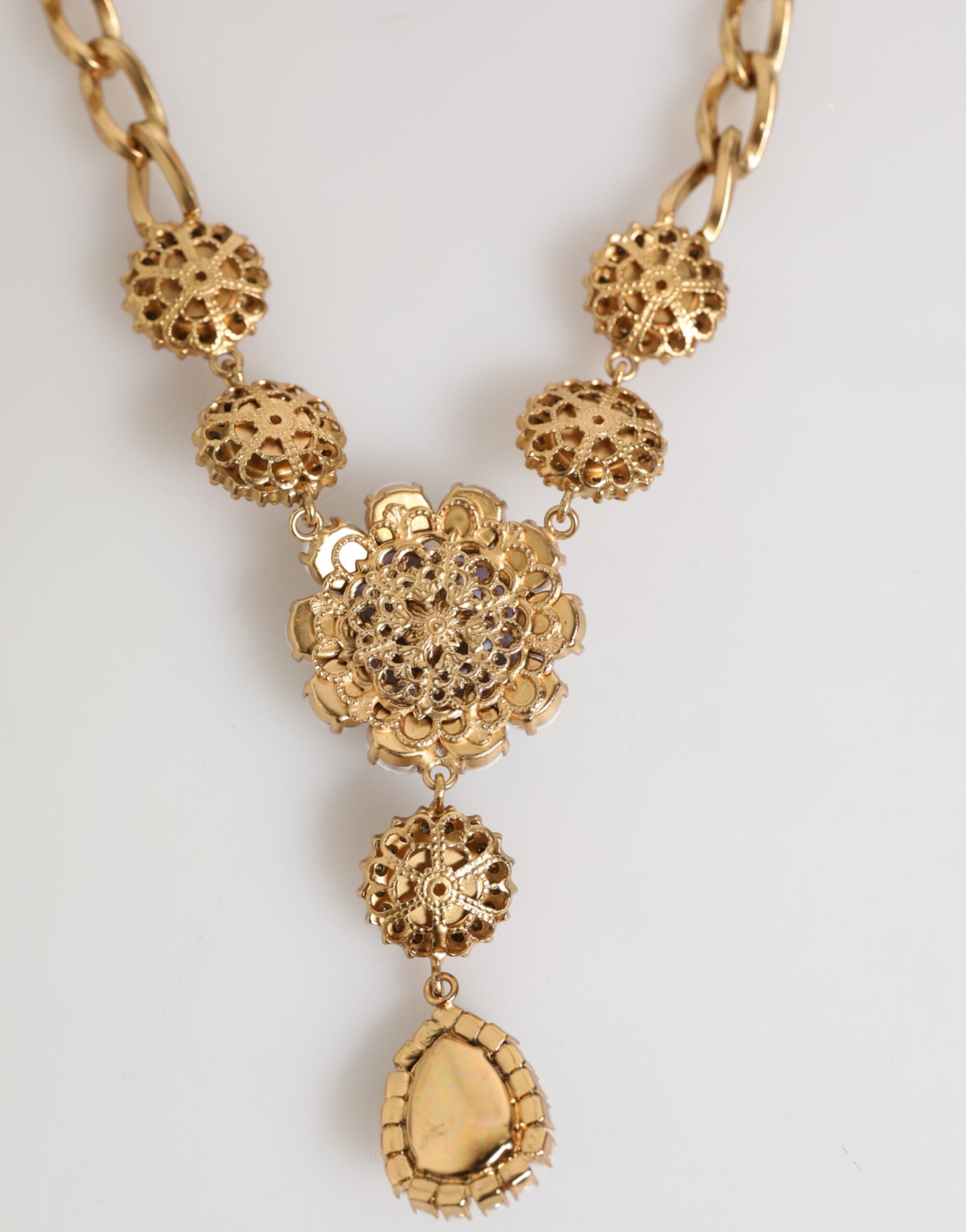 Dolce & Gabbana Gold Brass Crystal Pearl Purple Floral Pendant Jewelry Necklace Curated Luxury Accessories by Orvyn