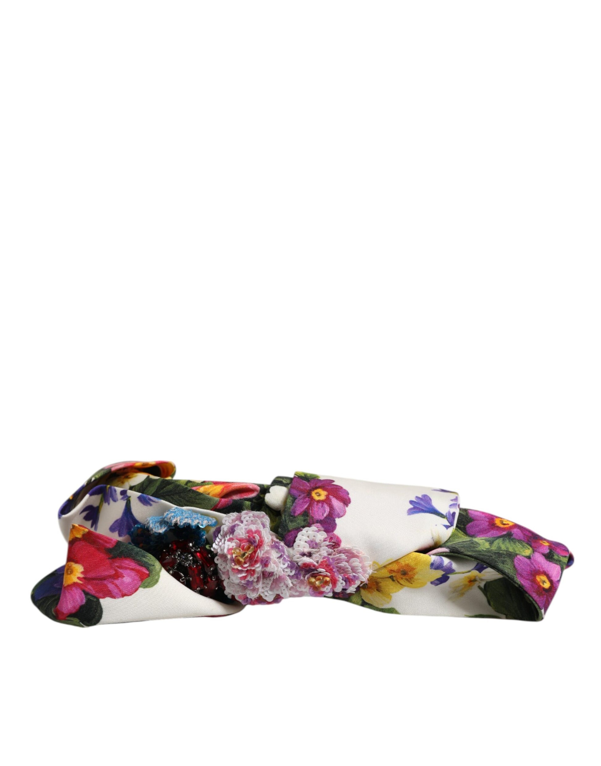 Dolce & Gabbana White Multicolor Floral Silk Bow Crystal Embellished Headband Curated Luxury Accessories by Orvyn