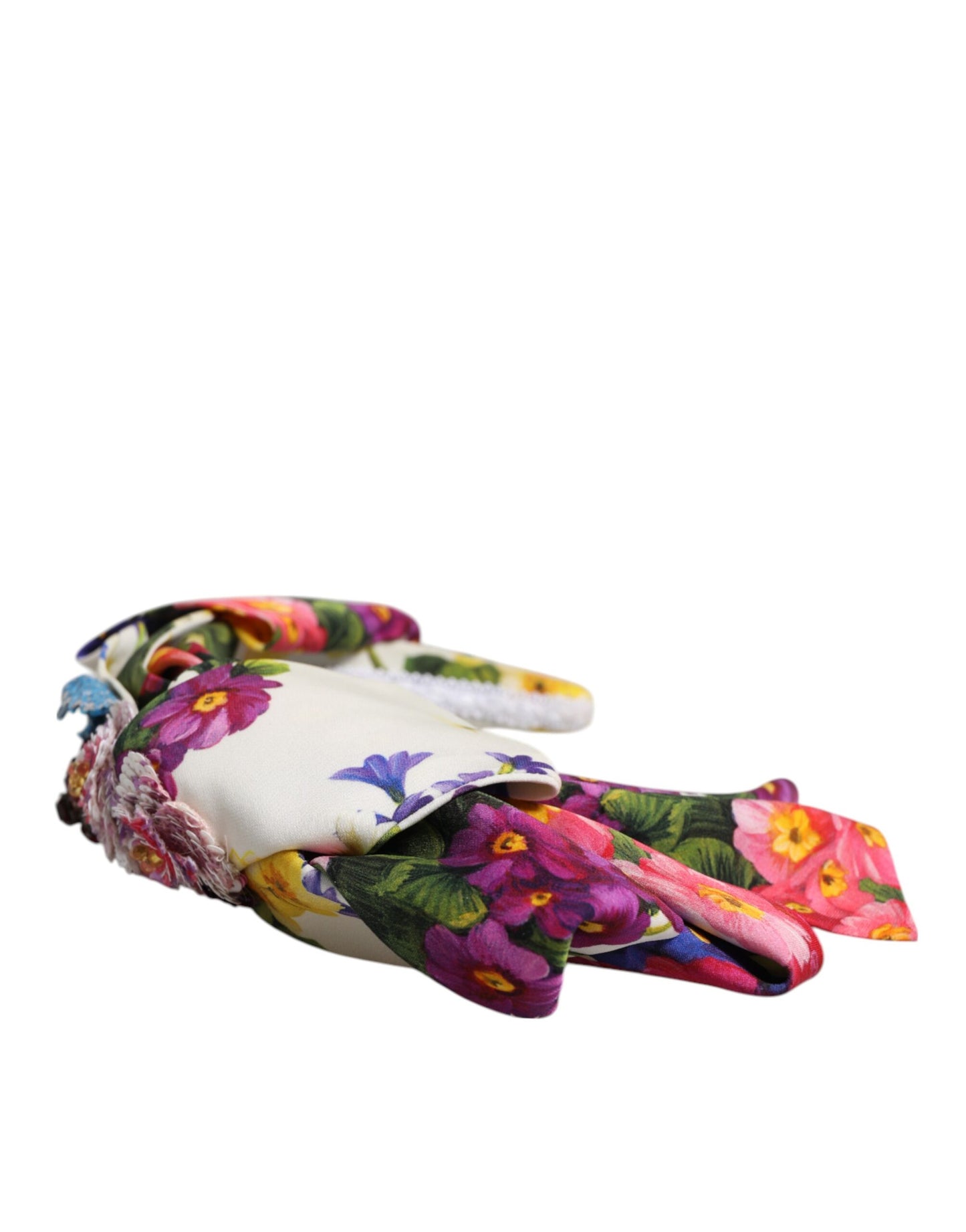Dolce & Gabbana White Multicolor Floral Silk Bow Crystal Embellished Headband Curated Luxury Accessories by Orvyn