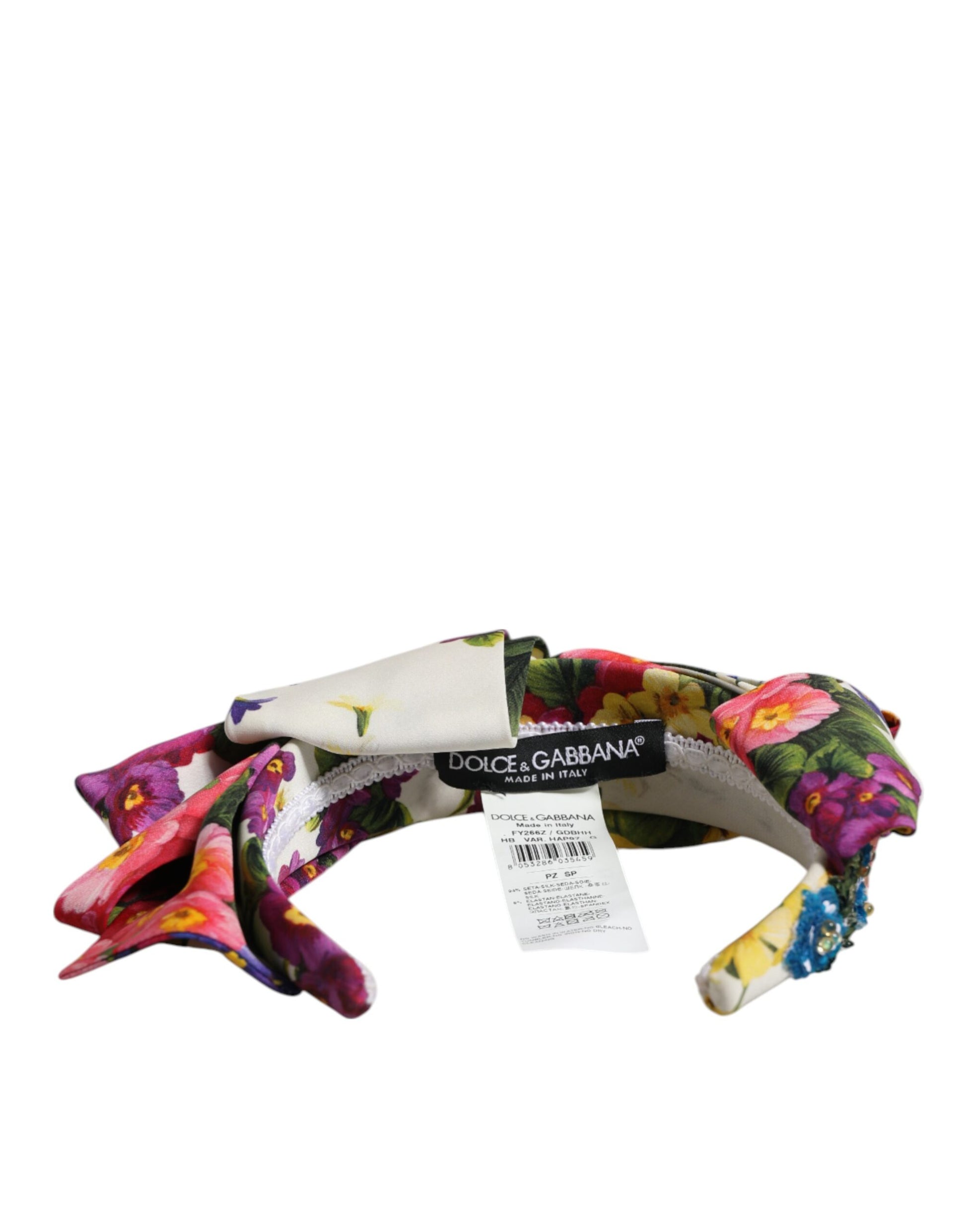 Dolce & Gabbana White Multicolor Floral Silk Bow Crystal Embellished Headband Curated Luxury Accessories by Orvyn