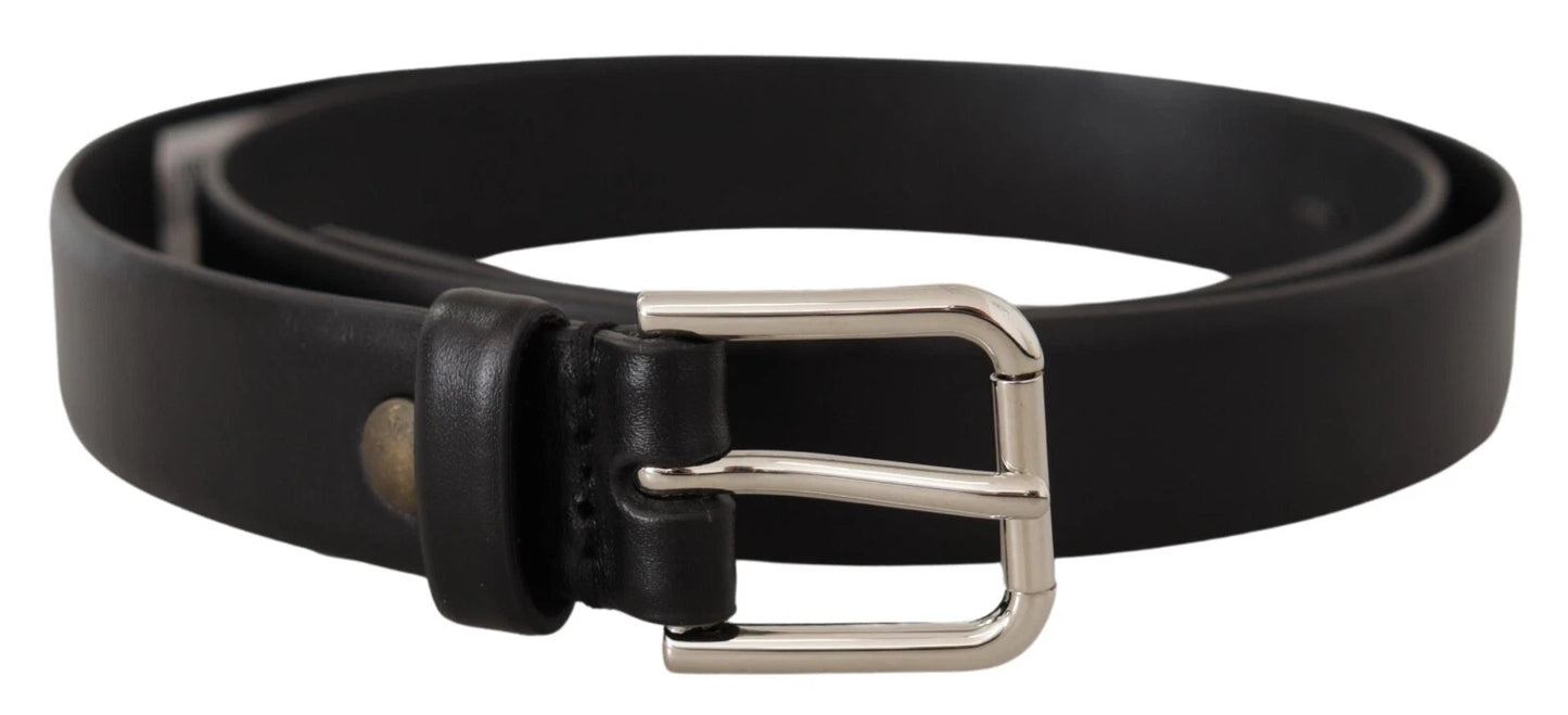 Dolce & Gabbana Black Calf Leather Silver Tone Logo Buckle Belt schwarz