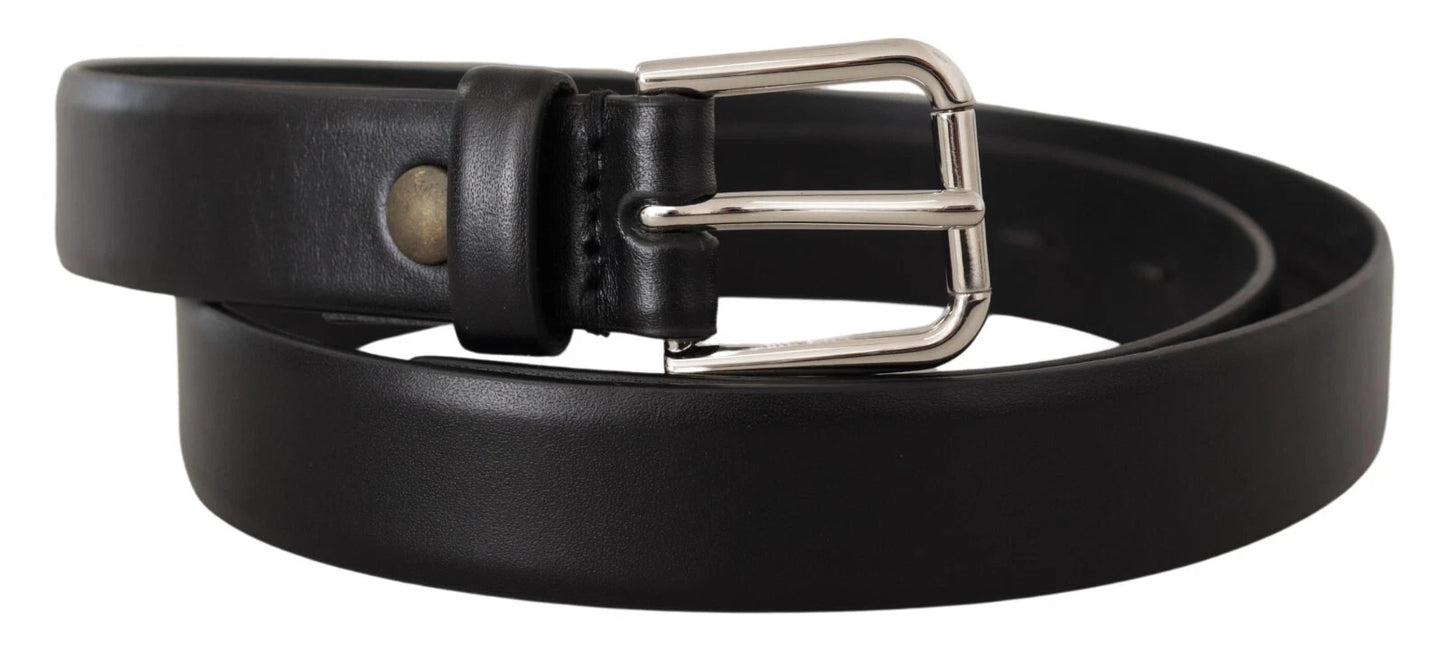 Dolce & Gabbana Black Calf Leather Silver Tone Logo Buckle Belt schwarz