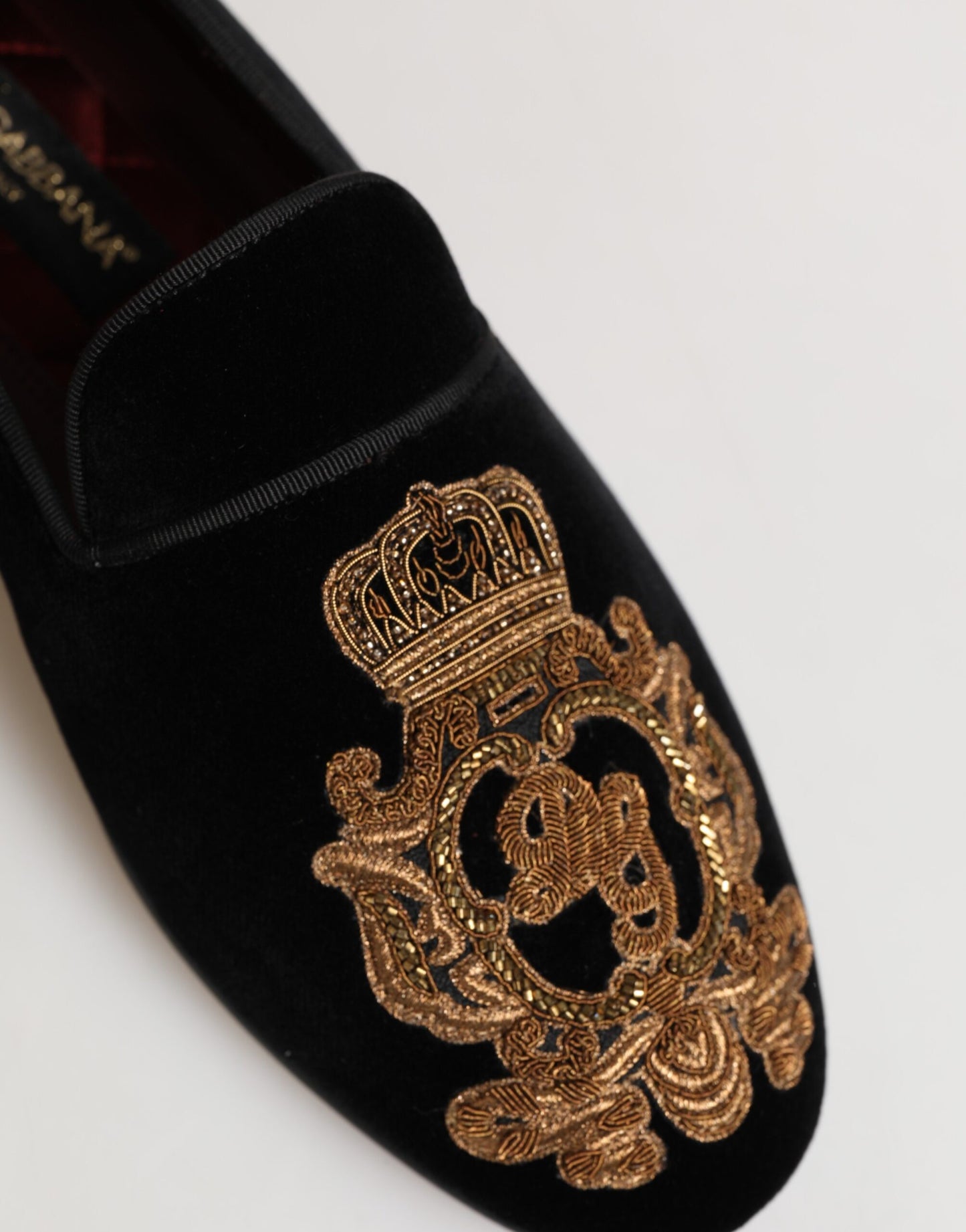 Dolce & Gabbana Black Velvet Gold Crown Mens Loafers Shoes Curated Luxury Accessories by Orvyn