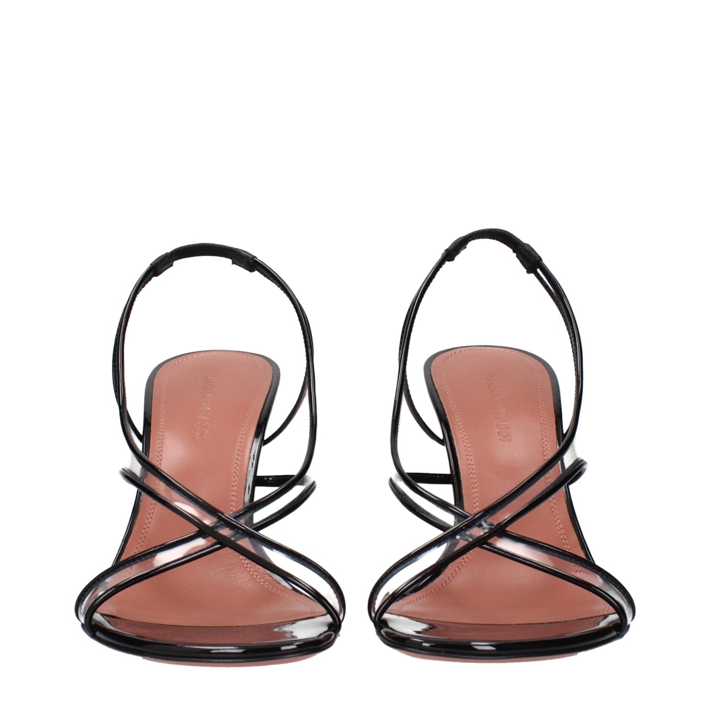 Amina Muaddi Black Leather Stiletto Heel Sandals Curated Luxury Accessories by Orvyn