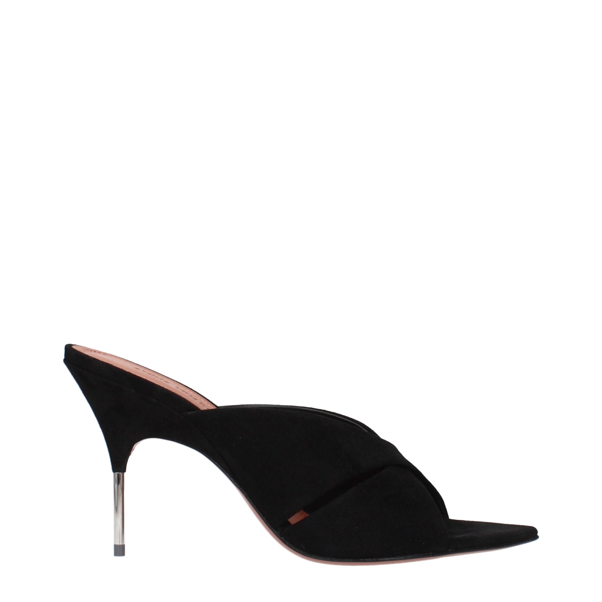 Amina Muaddi Black Leather Stiletto Heel Sandals Curated Luxury Accessories by Orvyn