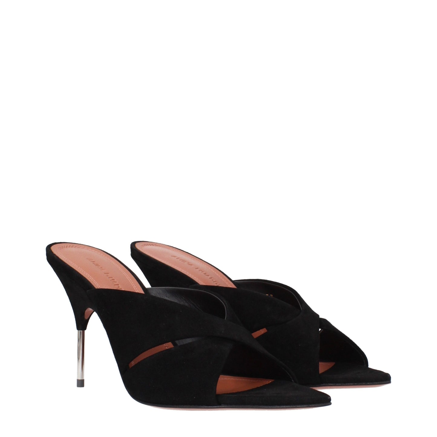 Amina Muaddi Black Leather Stiletto Heel Sandals Curated Luxury Accessories by Orvyn