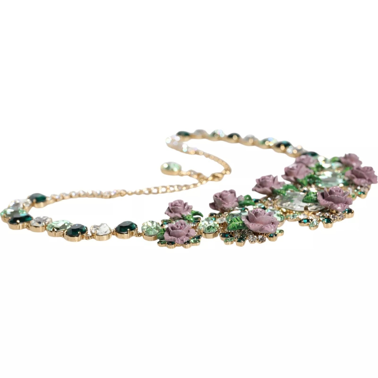 Dolce & Gabbana Gold Brass Link Chain Rose Petal Crystal Necklace Curated Luxury Accessories by Orvyn