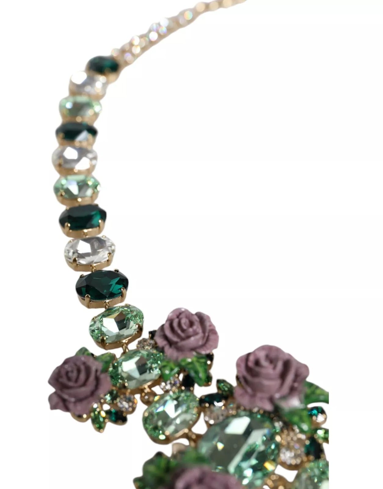 Dolce & Gabbana Gold Brass Link Chain Rose Petal Crystal Necklace Curated Luxury Accessories by Orvyn