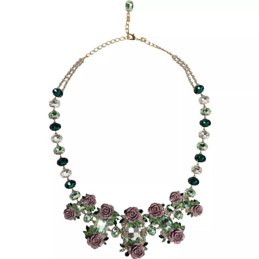 Dolce & Gabbana Gold Brass Link Chain Rose Petal Crystal Necklace Curated Luxury Accessories by Orvyn