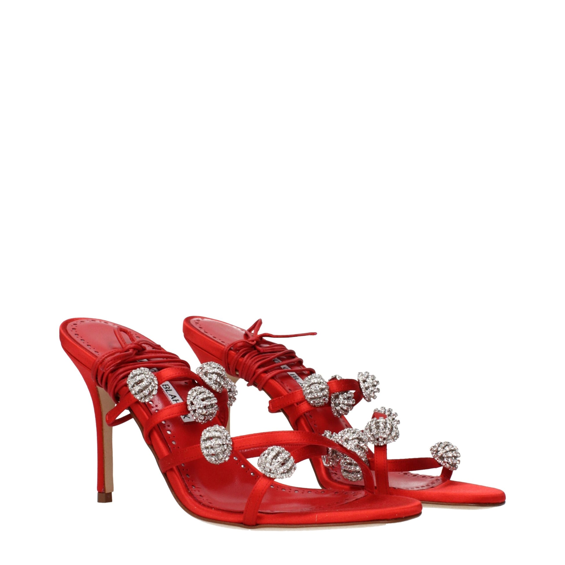 Manolo Blahnik Red Satin Stiletto Heel Sandals Curated Luxury Accessories by Orvyn