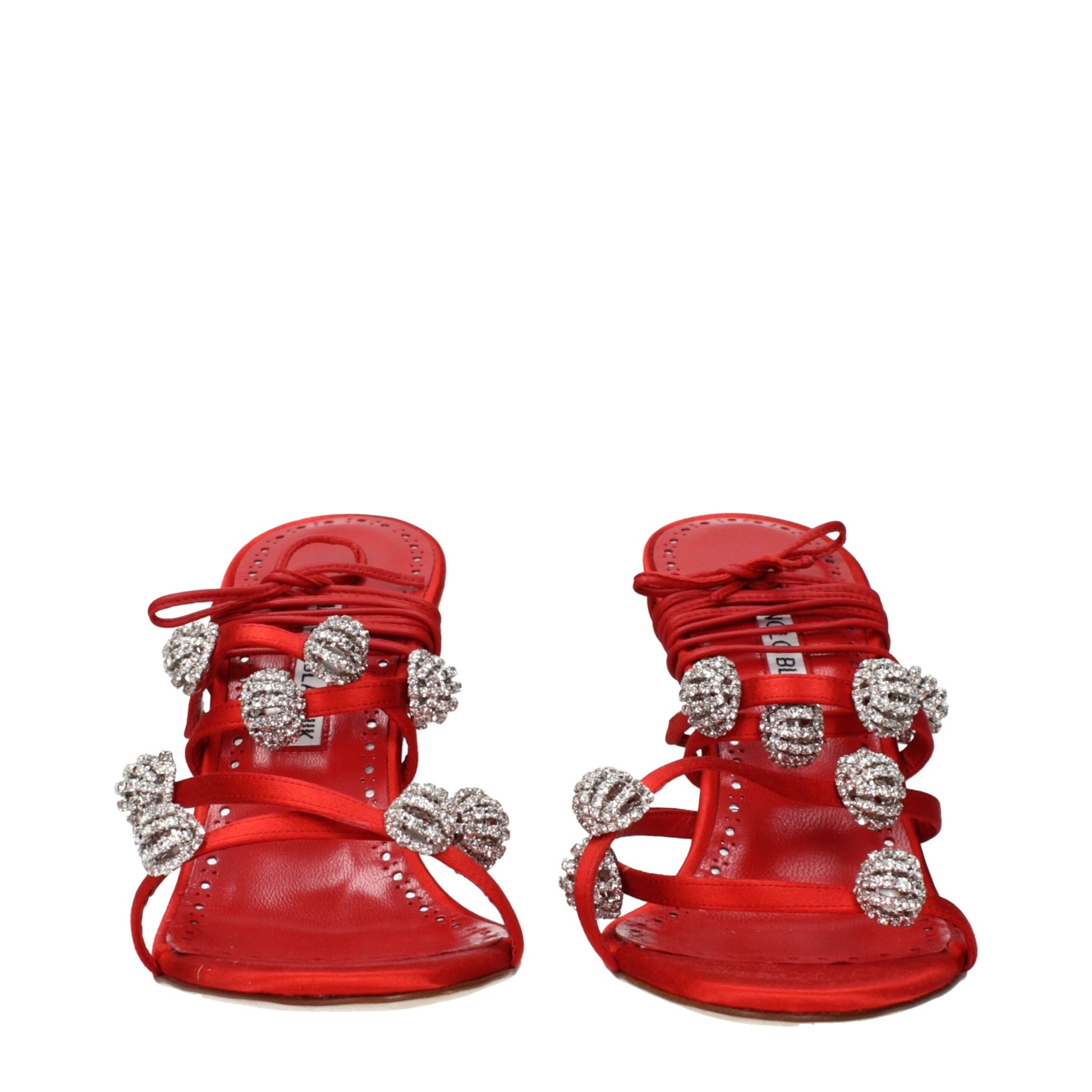 Manolo Blahnik Red Satin Stiletto Heel Sandals Curated Luxury Accessories by Orvyn