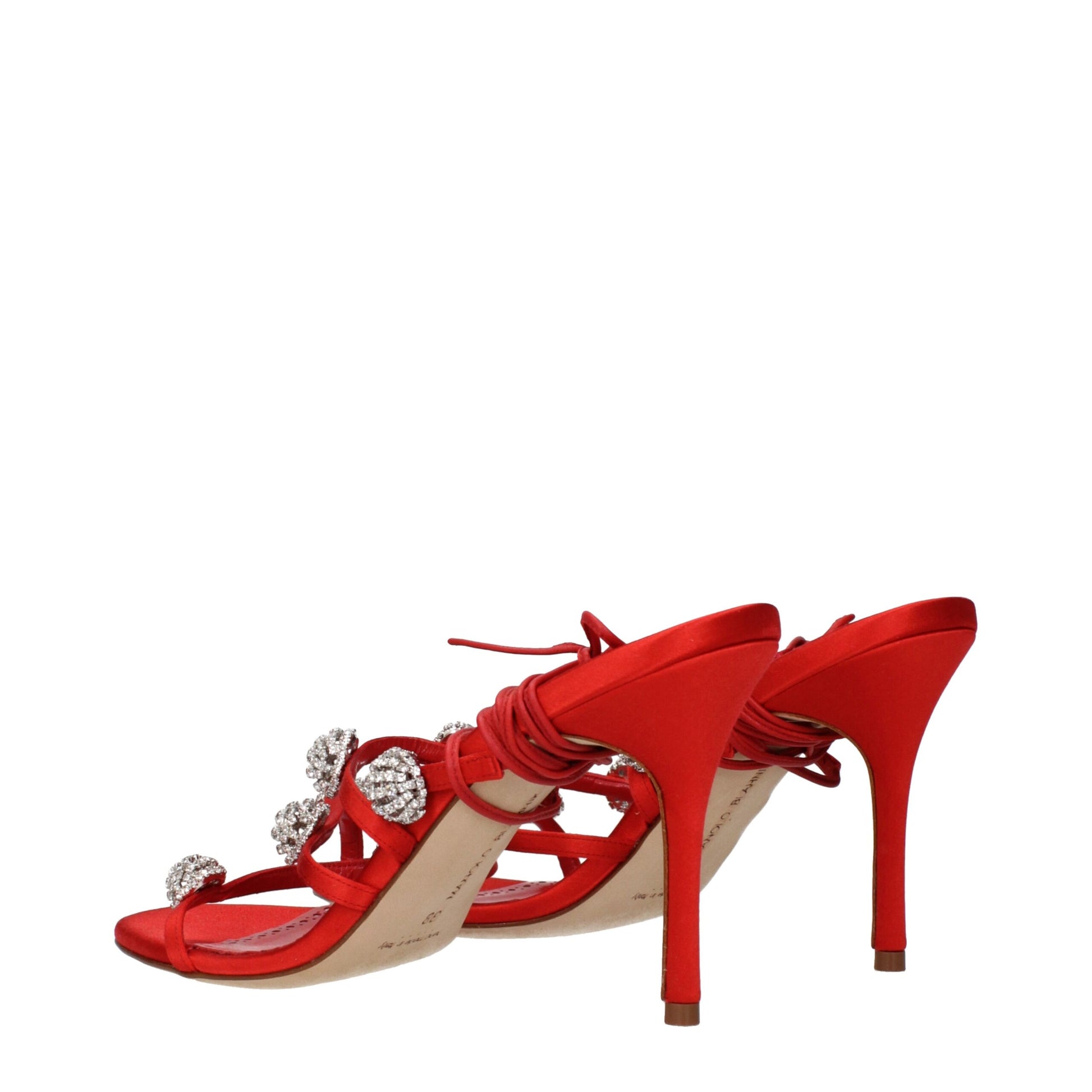 Manolo Blahnik Red Satin Stiletto Heel Sandals Curated Luxury Accessories by Orvyn