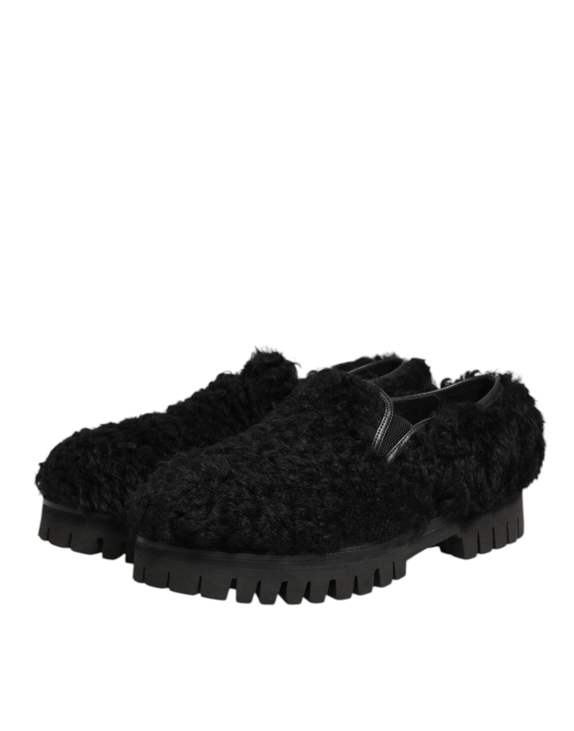 Dolce & Gabbana Dress Black Fur Leather Slippers Men Shoes Curated Luxury Accessories by Orvyn