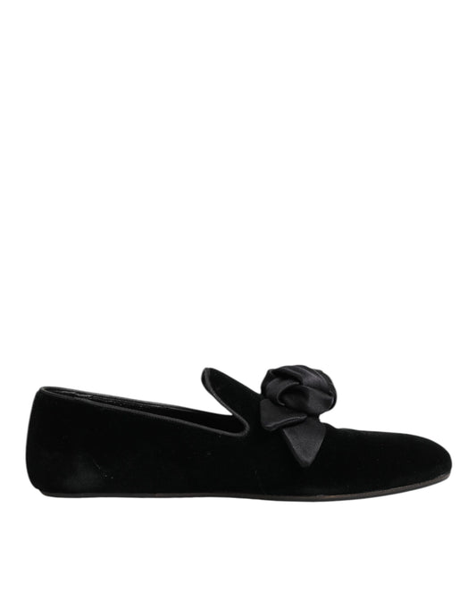 Dolce & Gabbana Black Suede Cotton Rose Slip On Loafers Shoes Curated Luxury Accessories by Orvyn