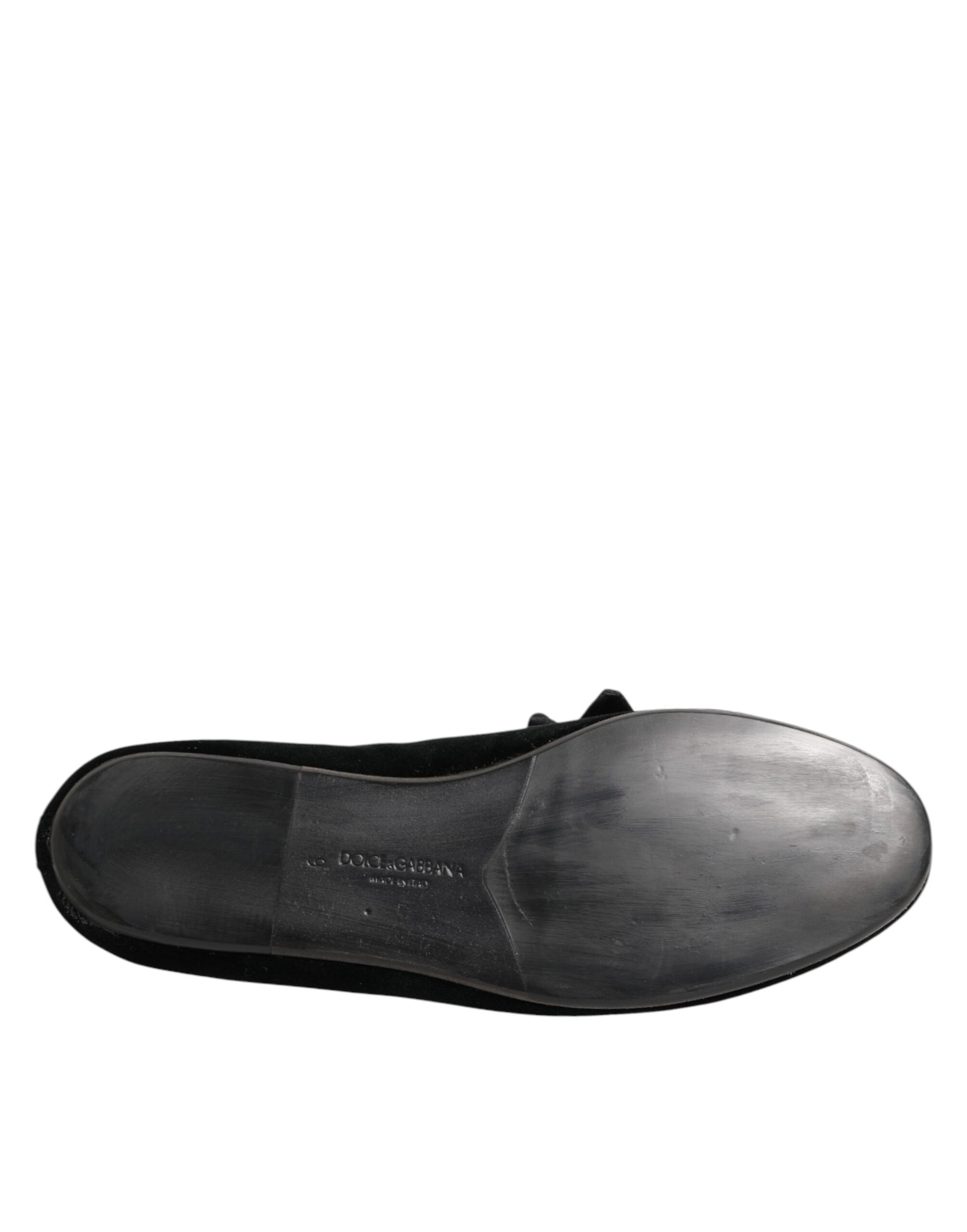 Dolce & Gabbana Black Suede Cotton Rose Slip On Loafers Shoes Curated Luxury Accessories by Orvyn