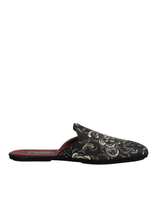 Dolce & Gabbana Black Floral Jacquard Slides Slippers Shoes Curated Luxury Accessories by Orvyn