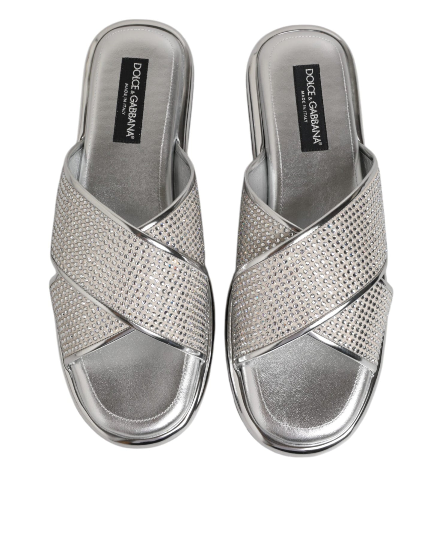 Dolce & Gabbana Silver Strass Slides Flats Slippers Shoes Curated Luxury Accessories by Orvyn