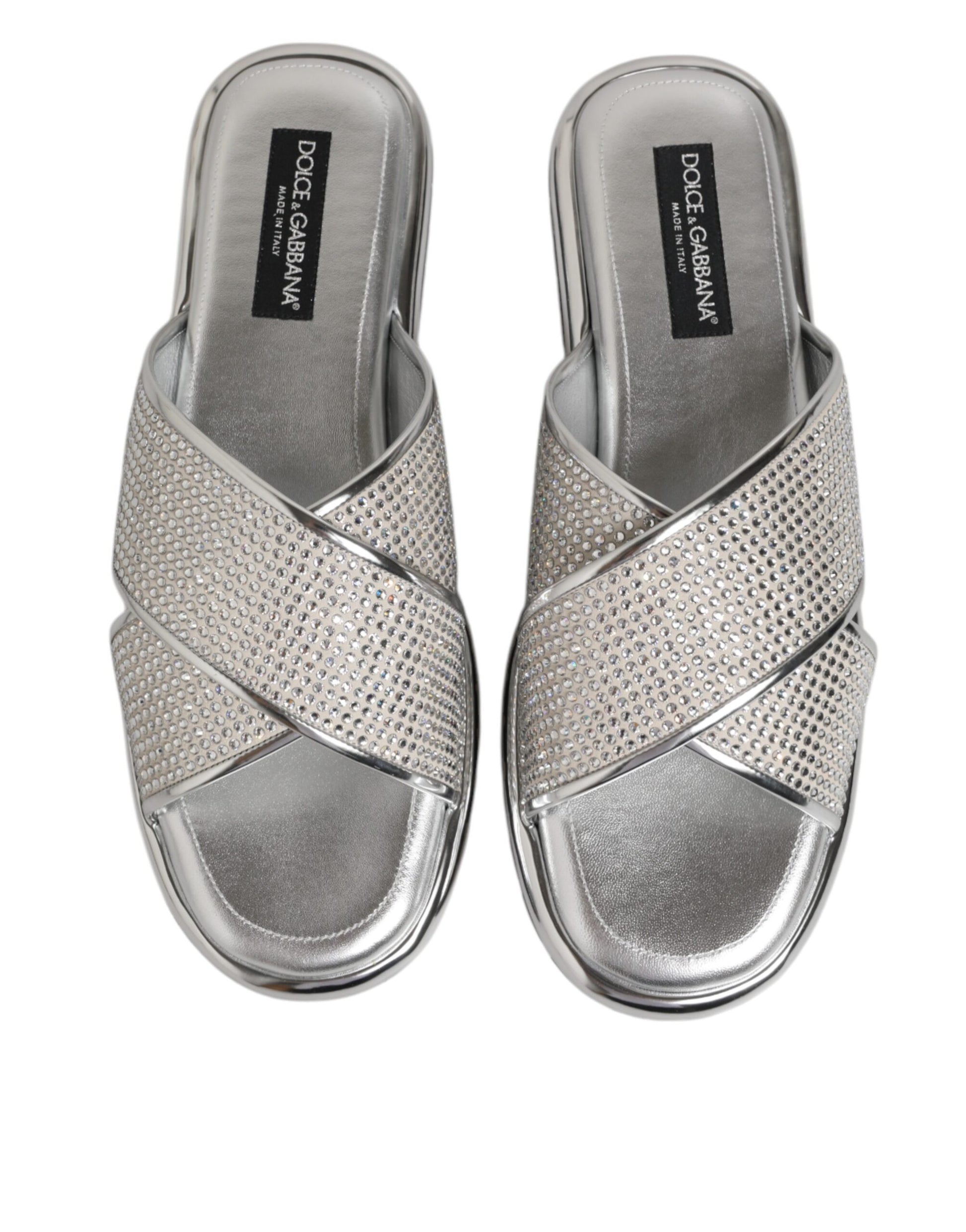 Dolce & Gabbana Silver Strass Slides Flats Slippers Shoes Curated Luxury Accessories by Orvyn