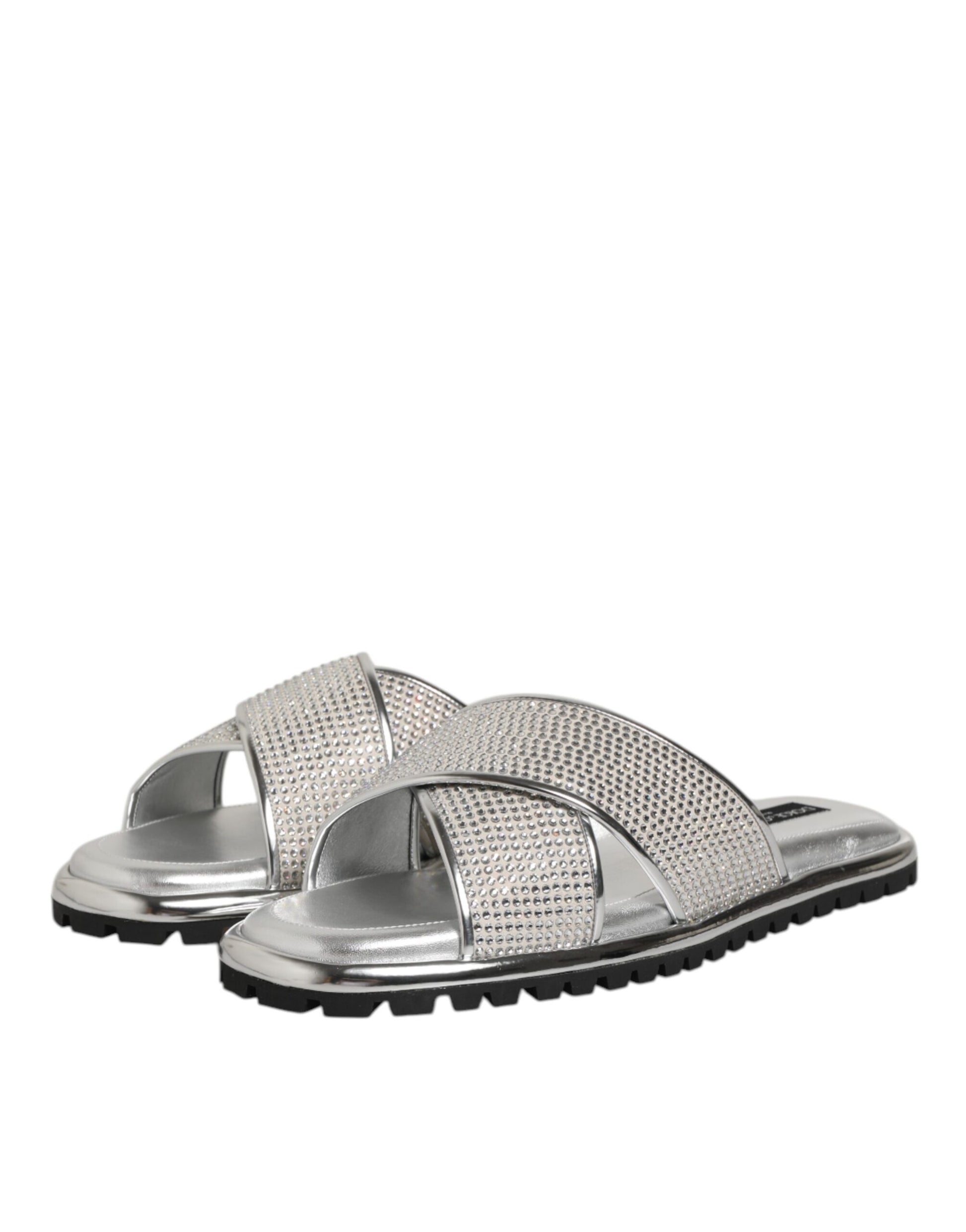 Dolce & Gabbana Silver Strass Slides Flats Slippers Shoes Curated Luxury Accessories by Orvyn