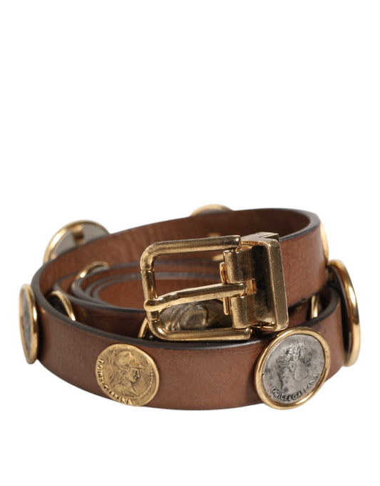 Dolce & Gabbana Brown Leather Gold Silver Coin Buckle Belt Curated Luxury Accessories by Orvyn