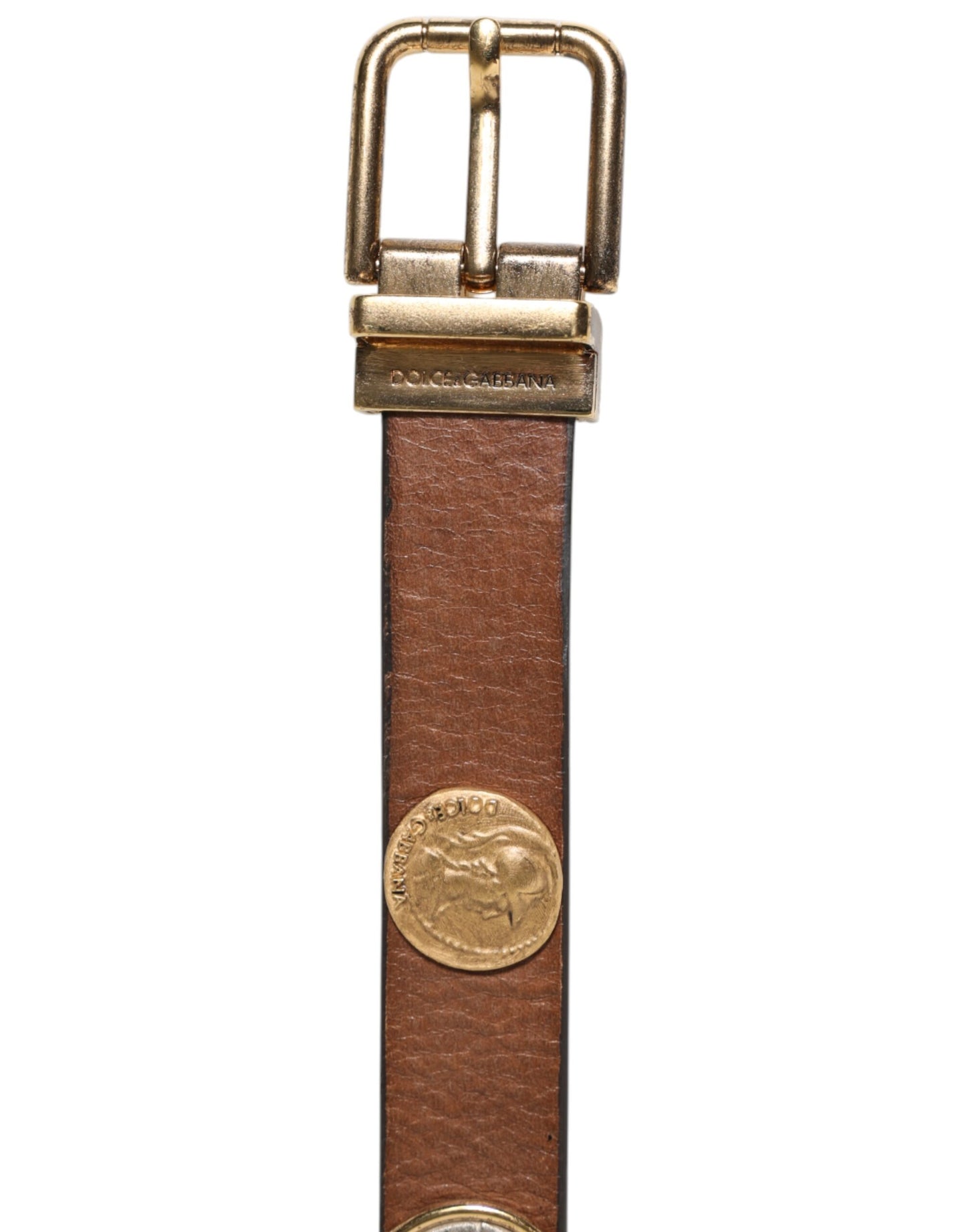 Dolce & Gabbana Brown Leather Gold Silver Coin Buckle Belt Curated Luxury Accessories by Orvyn