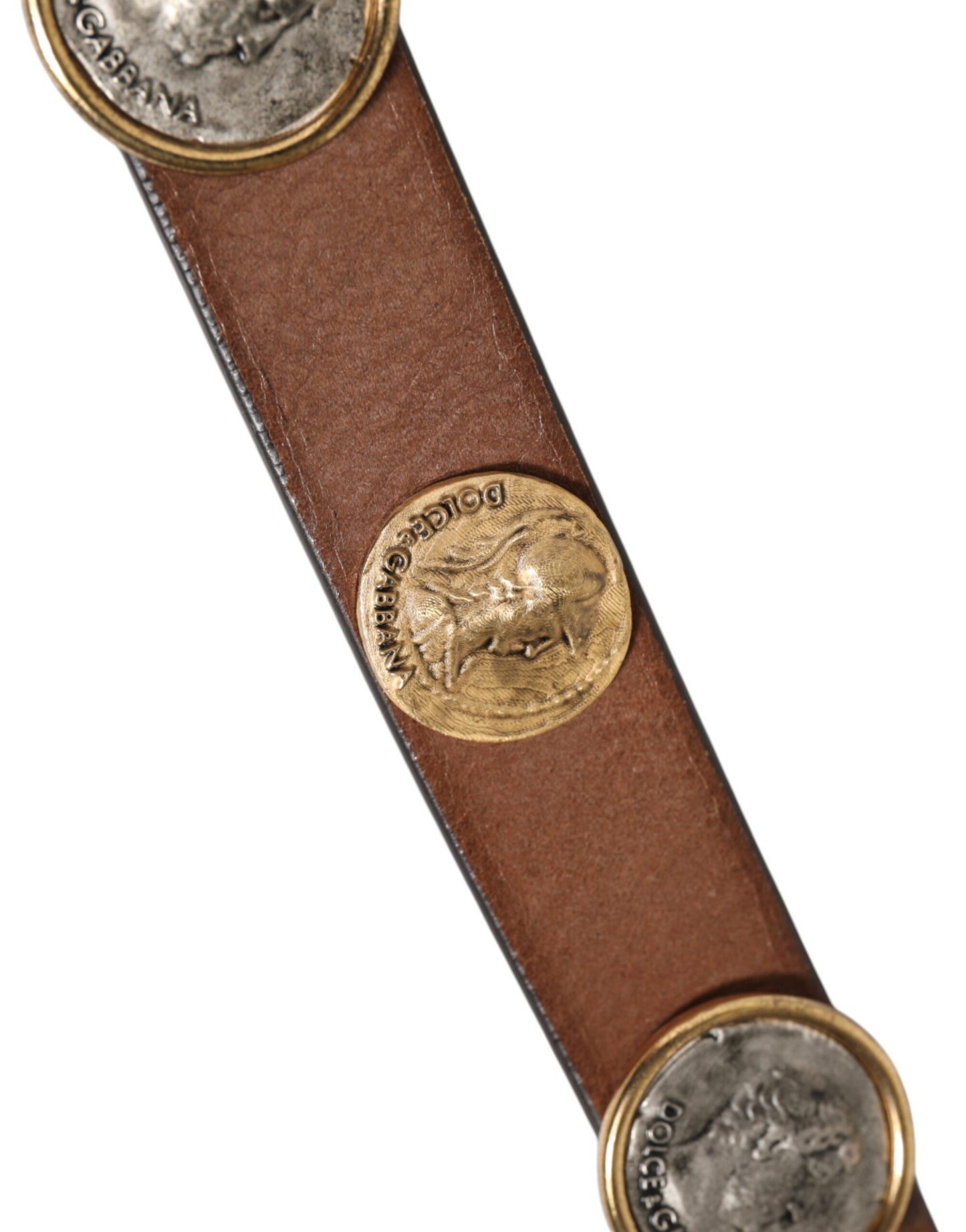 Dolce & Gabbana Brown Leather Gold Silver Coin Buckle Belt Curated Luxury Accessories by Orvyn
