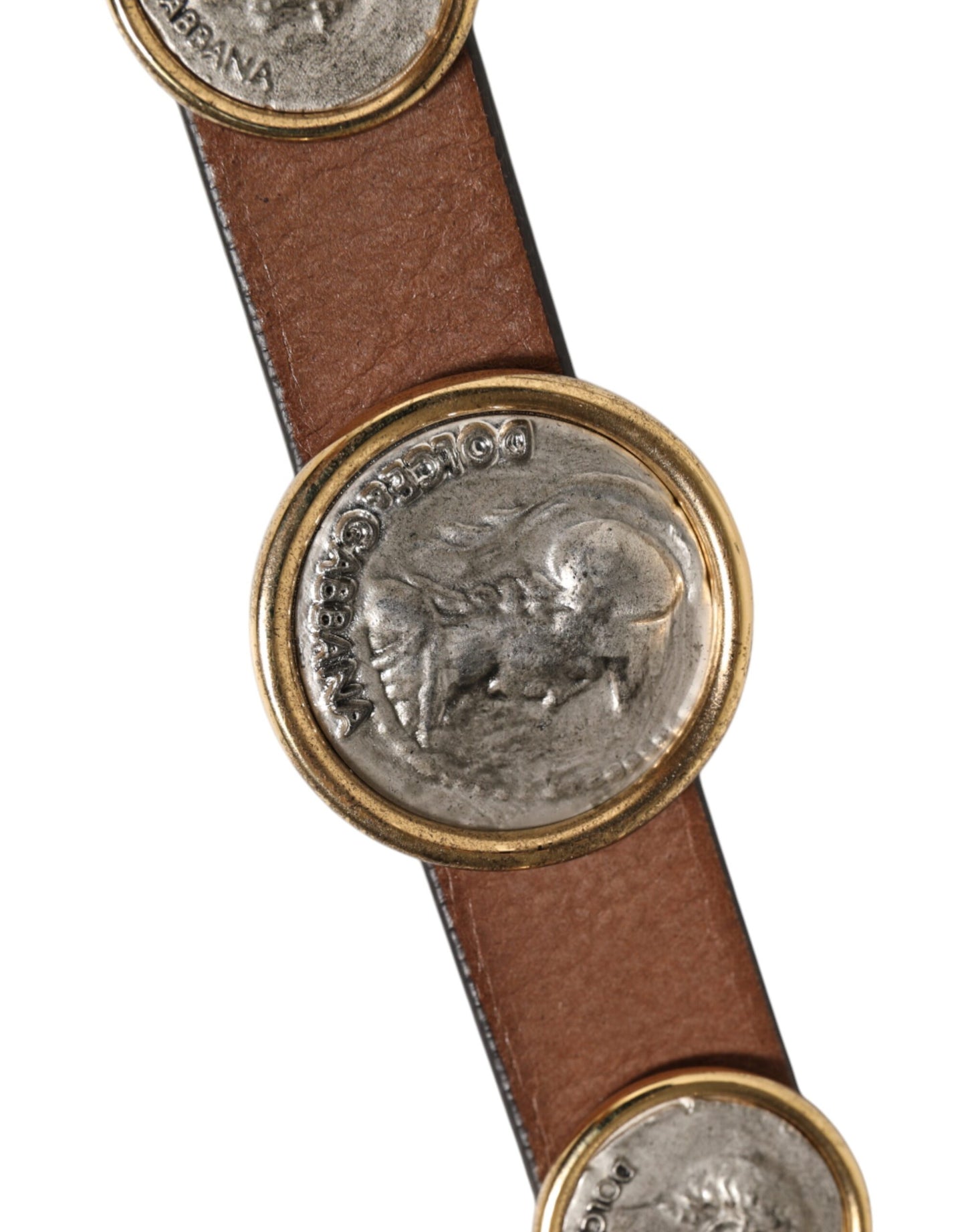 Dolce & Gabbana Brown Leather Gold Silver Coin Buckle Belt Curated Luxury Accessories by Orvyn