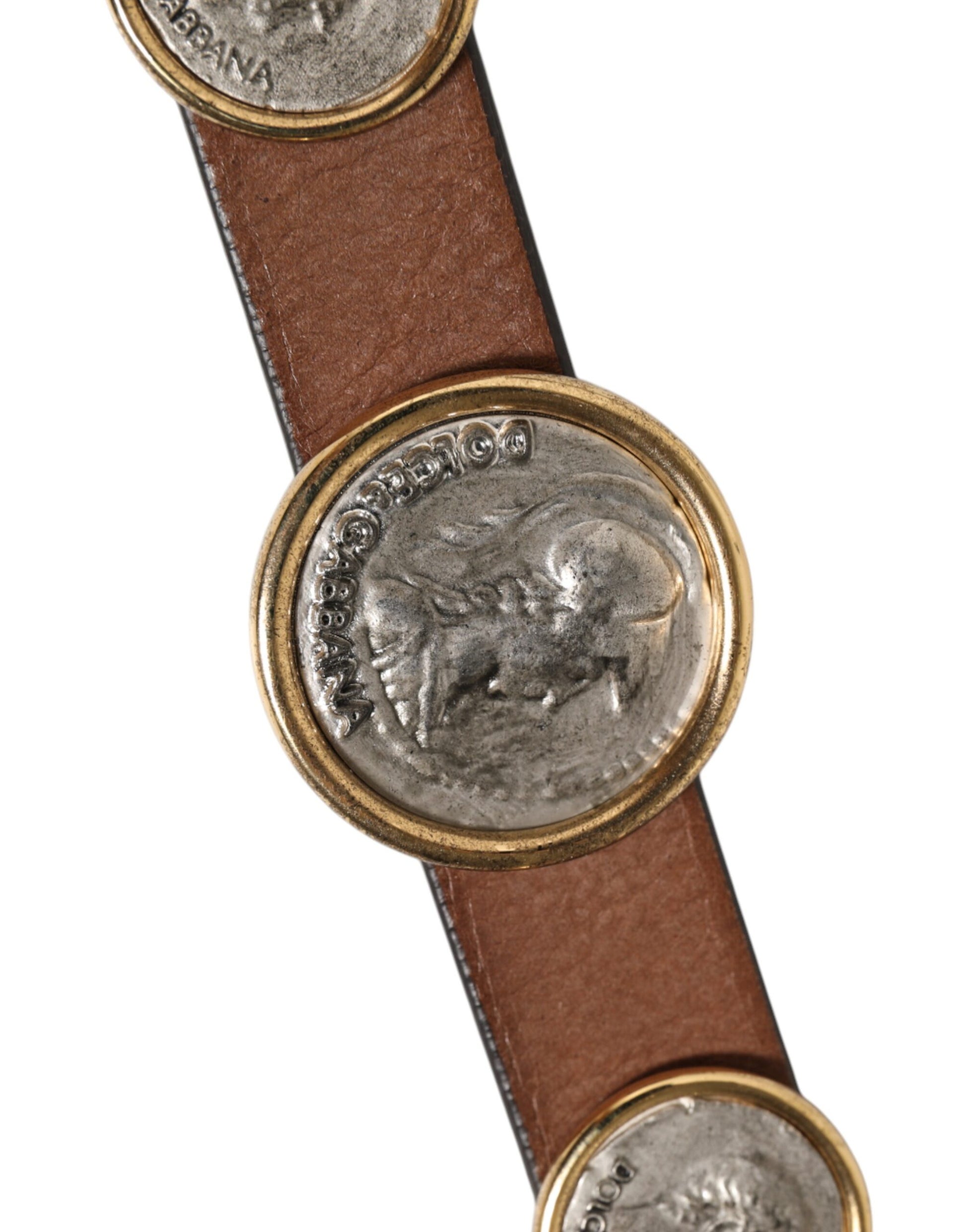 Dolce & Gabbana Brown Leather Gold Silver Coin Buckle Belt Curated Luxury Accessories by Orvyn