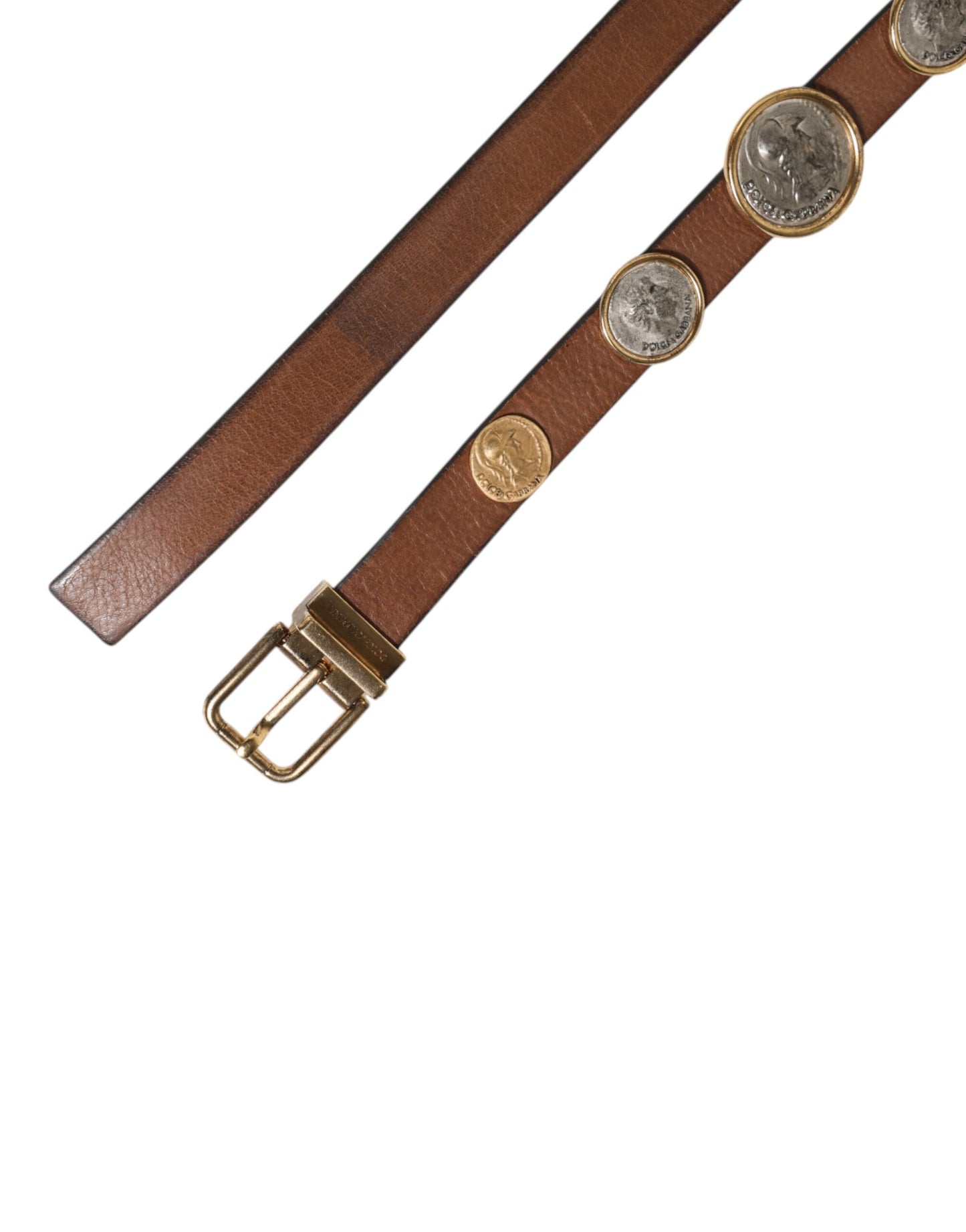 Dolce & Gabbana Brown Leather Gold Silver Coin Buckle Belt Curated Luxury Accessories by Orvyn