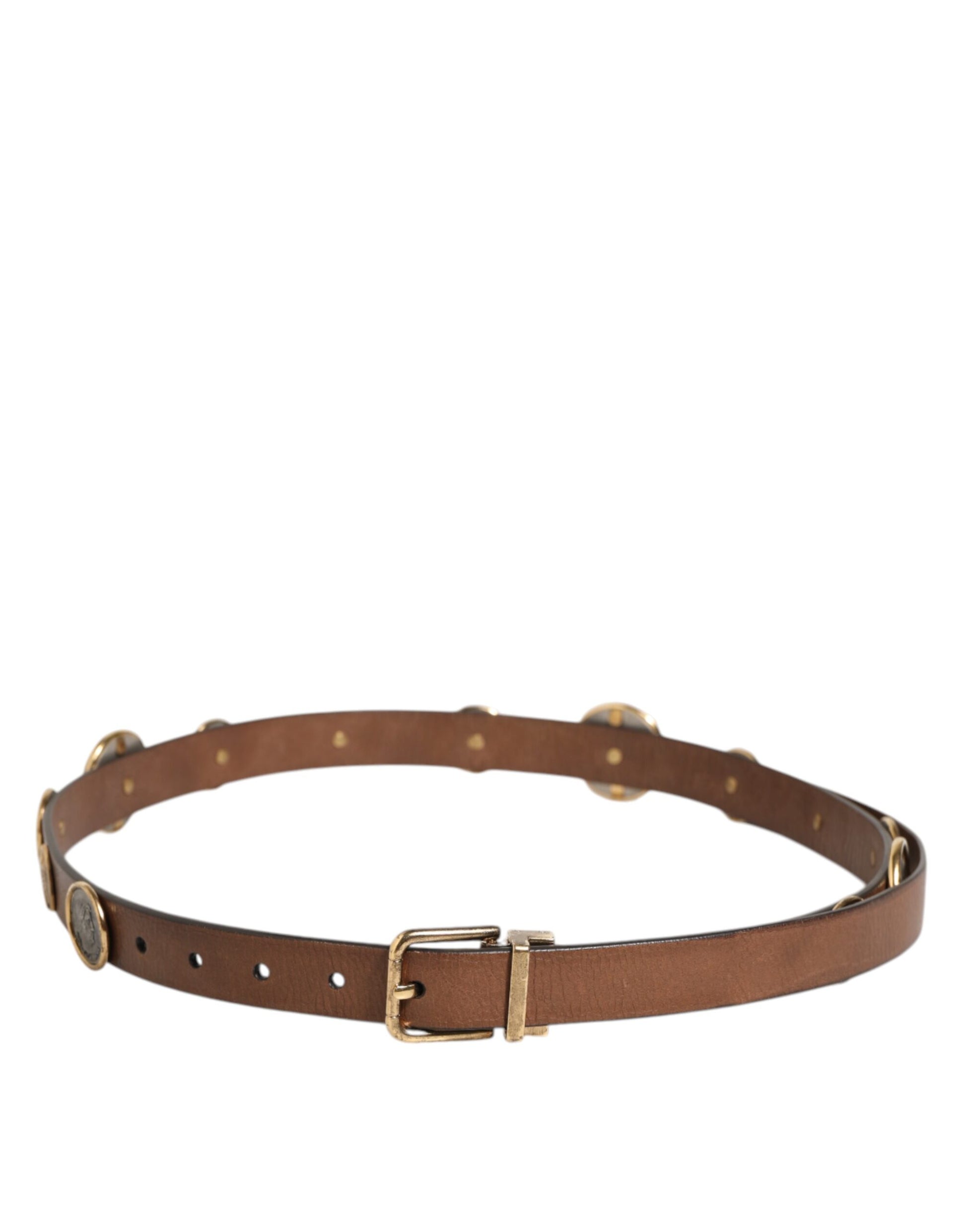 Dolce & Gabbana Brown Leather Gold Silver Coin Buckle Belt Curated Luxury Accessories by Orvyn