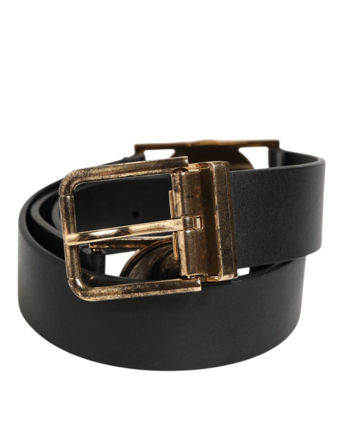 Dolce & Gabbana Black Leather Gold Silver Coin Buckle Belt Curated Luxury Accessories by Orvyn