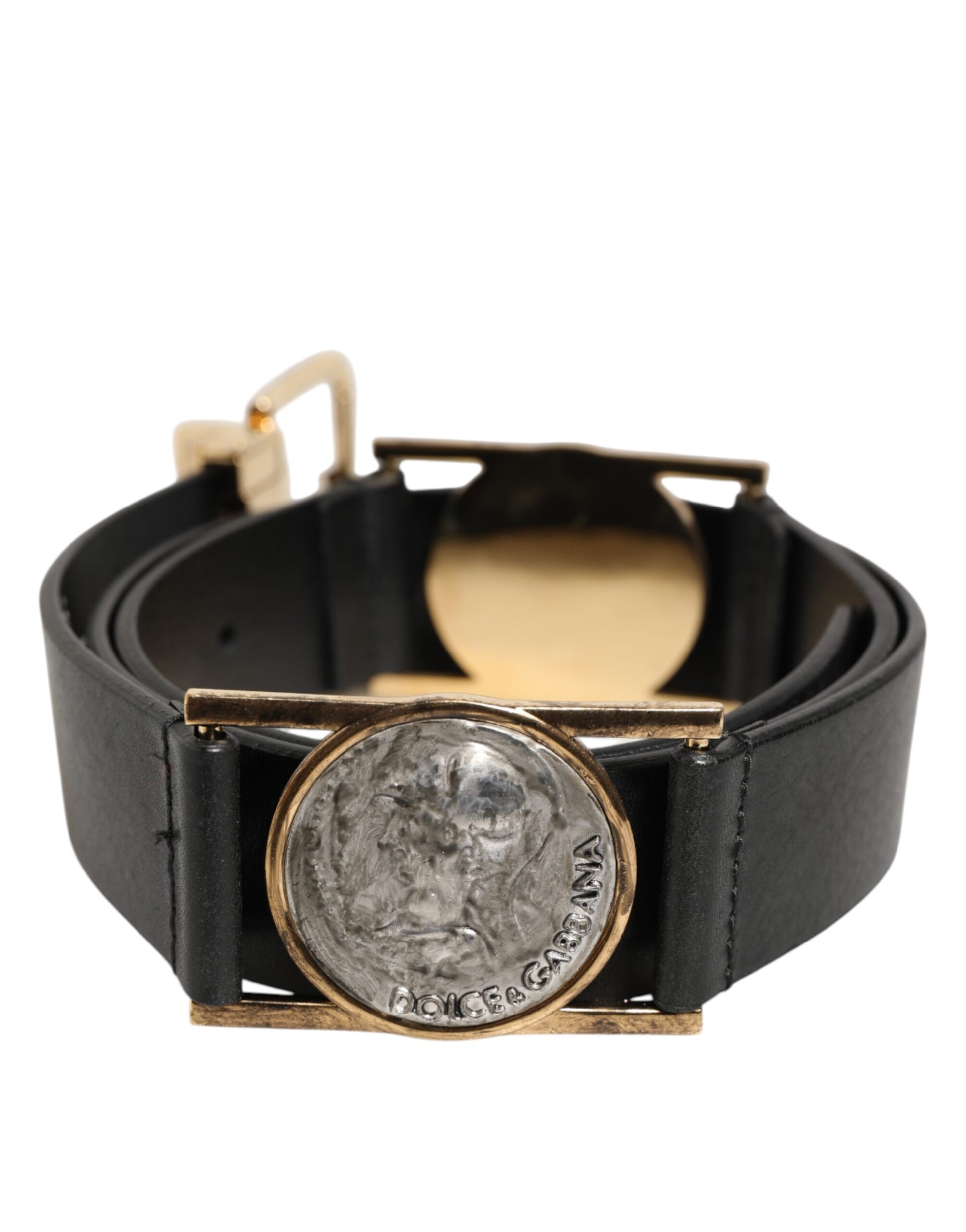 Dolce & Gabbana Black Leather Gold Silver Coin Buckle Belt Curated Luxury Accessories by Orvyn
