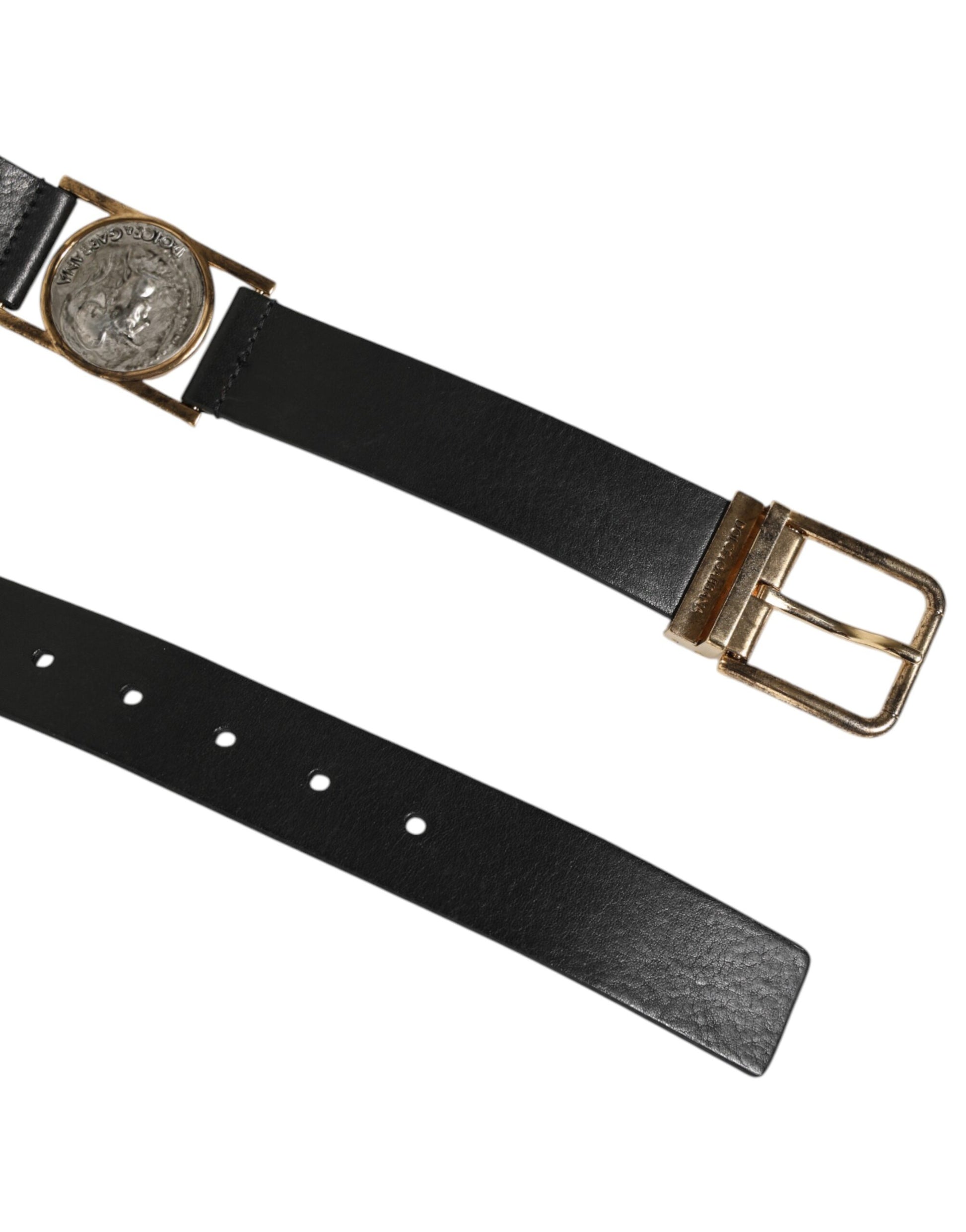 Dolce & Gabbana Black Leather Gold Silver Coin Buckle Belt Curated Luxury Accessories by Orvyn