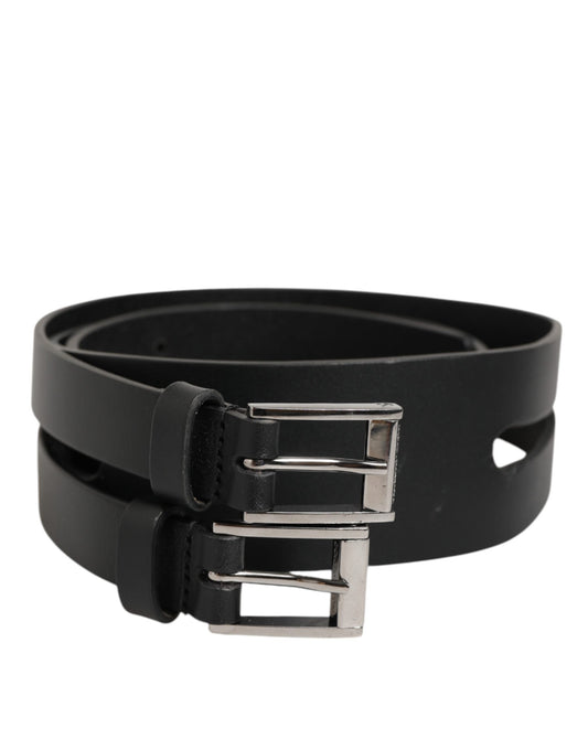 Dolce & Gabbana Black Double Strap Leather Silver Buckle Belt Curated Luxury Accessories by Orvyn