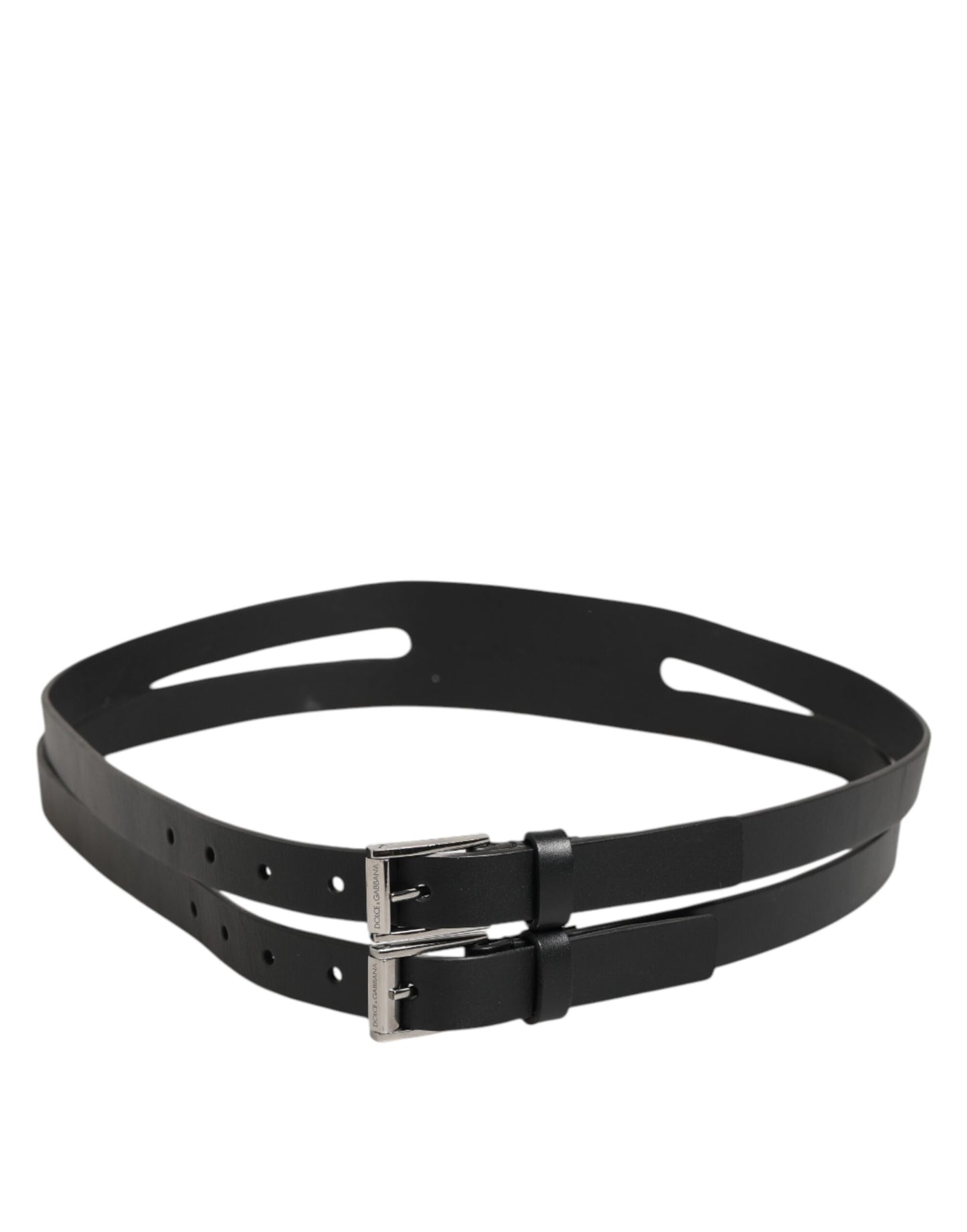 Dolce & Gabbana Black Double Strap Leather Silver Buckle Belt Curated Luxury Accessories by Orvyn
