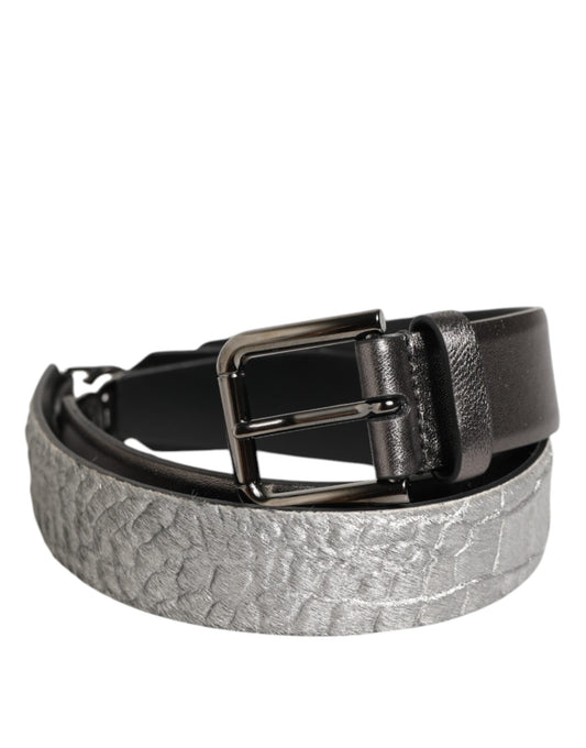 Dolce & Gabbana Black Silver Pebbled Texture Leather Buckle Men Belt Curated Luxury Accessories by Orvyn