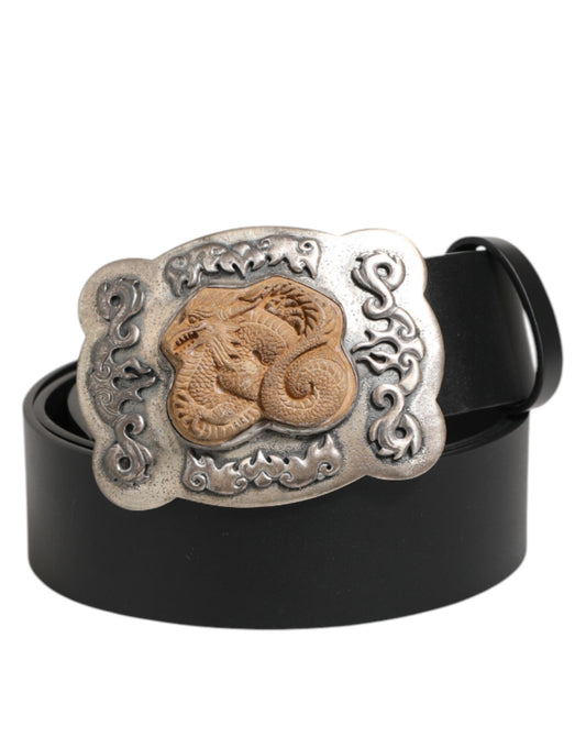 Dolce & Gabbana Black Leather Gothic Dragon Metal Buckle Belt Curated Luxury Accessories by Orvyn