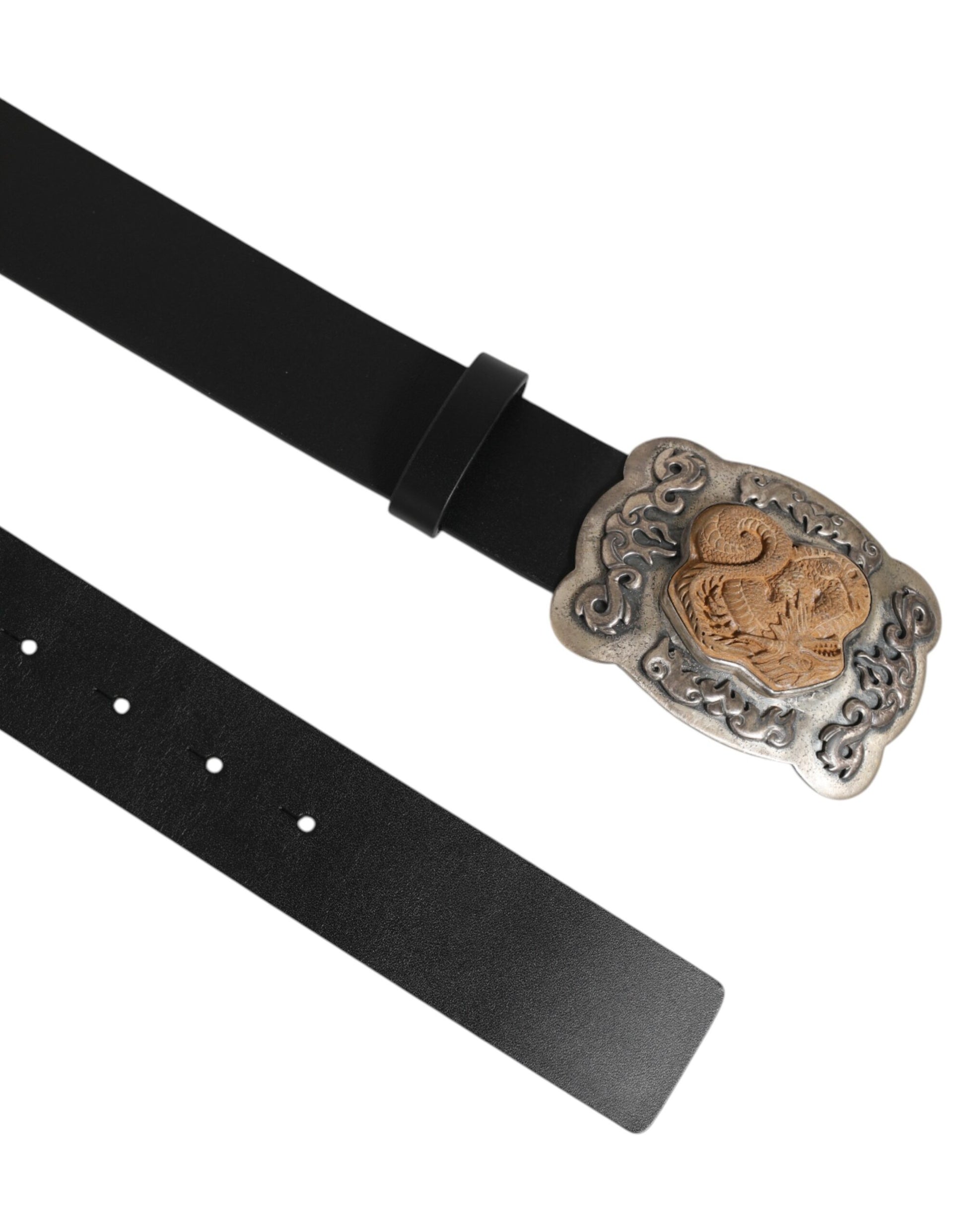 Dolce & Gabbana Black Leather Gothic Dragon Metal Buckle Belt Curated Luxury Accessories by Orvyn