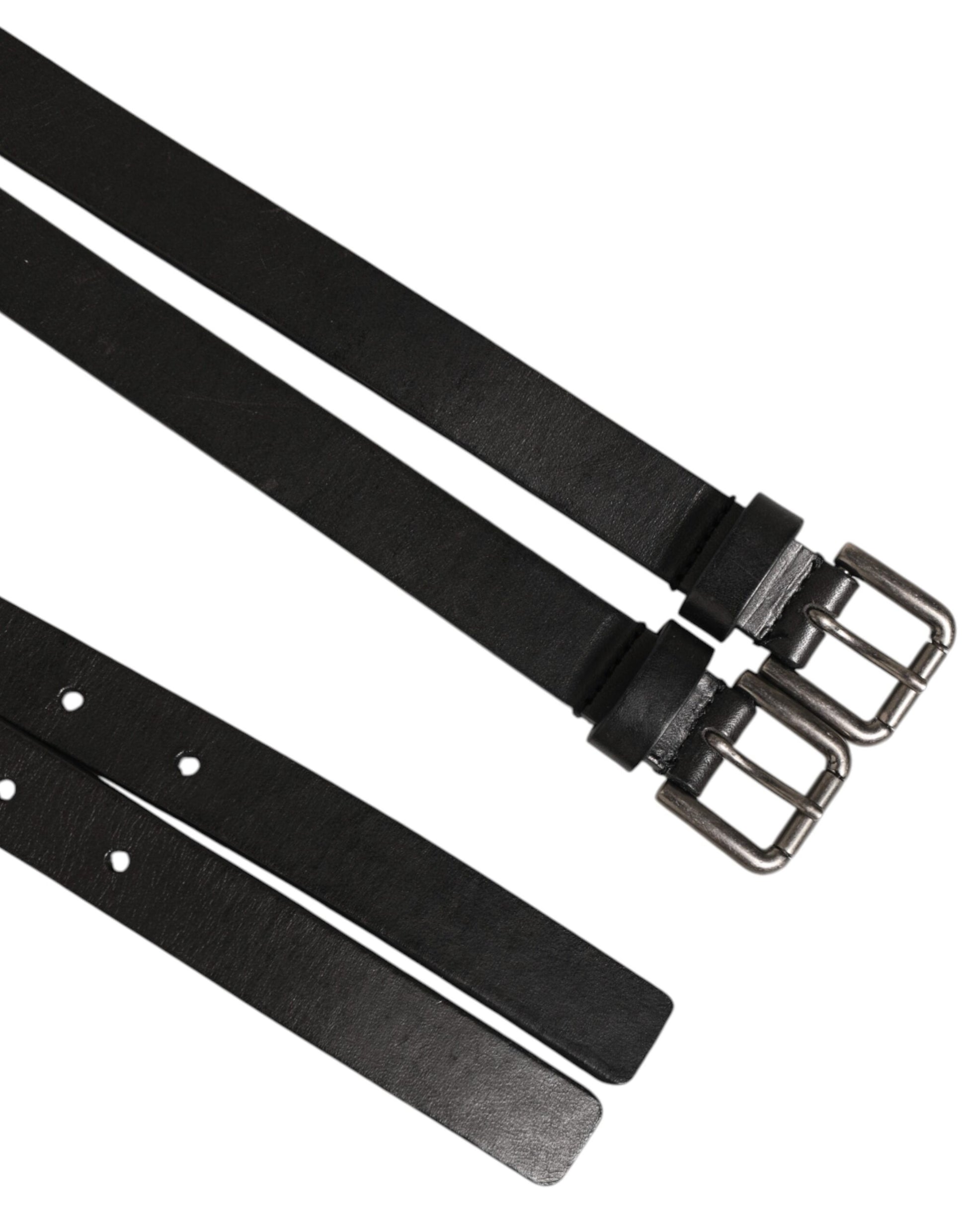 Dolce & Gabbana Black Double Strap Leather Silver Buckle Belt Curated Luxury Accessories by Orvyn